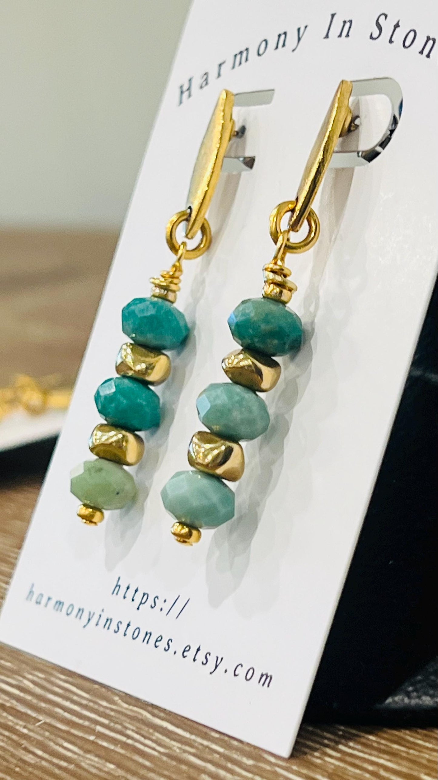 Chrysoprase Beaded Drop Earrings Non-Tarnish Gold Plated Pewter Beads/Post Earrings Natural Semi-Precious Gemstones Dangle Boho 2 inch