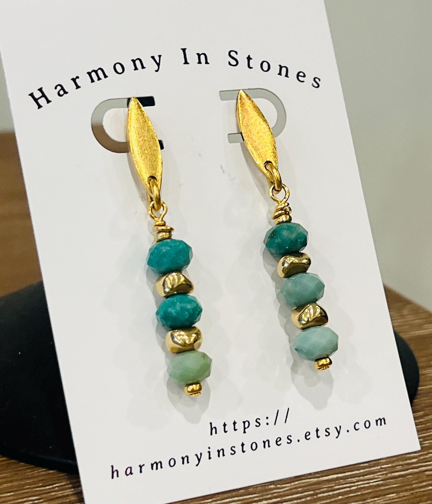 Chrysoprase Beaded Drop Earrings Non-Tarnish Gold Plated Pewter Beads/Post Earrings Natural Semi-Precious Gemstones Dangle Boho 2 inch