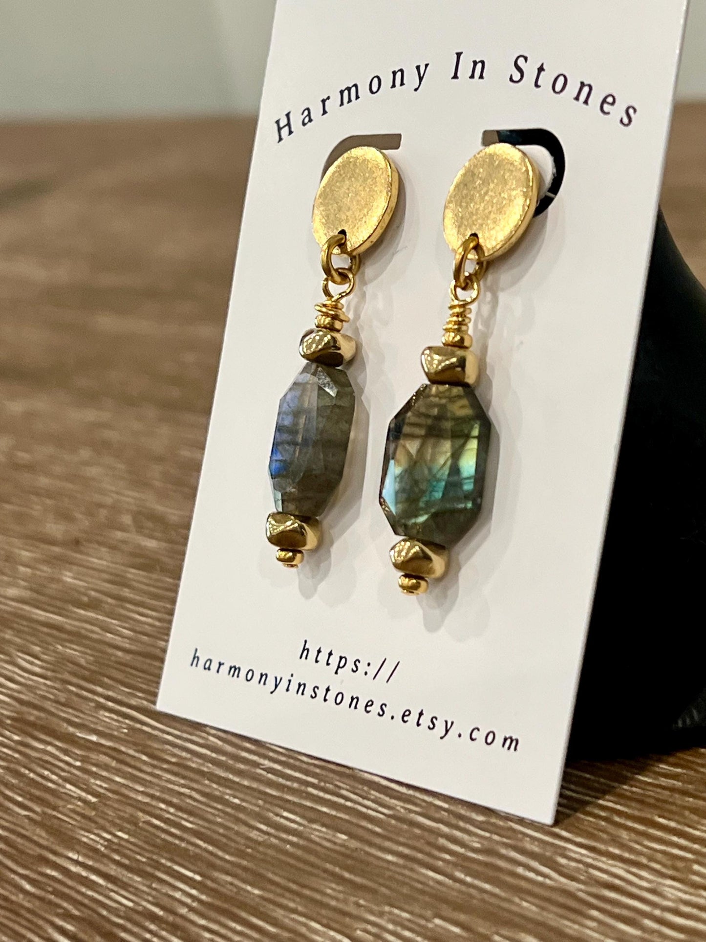 Labradorite Beaded Earrings Non-tarnish Gold Plated Pewter Post Drop Earrings Faceted Stones Faceted Labradorite 2 inches in Length