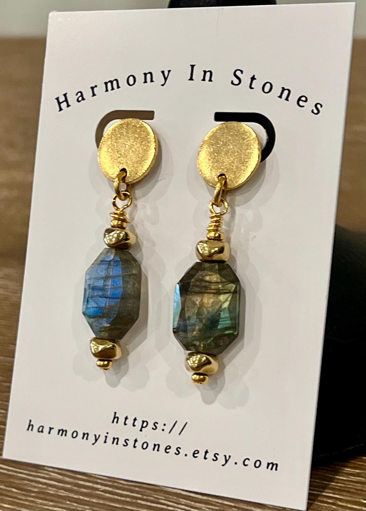 Labradorite Drop Earrings: Gold Plated Pewter, Faceted Stone (2 inches)
