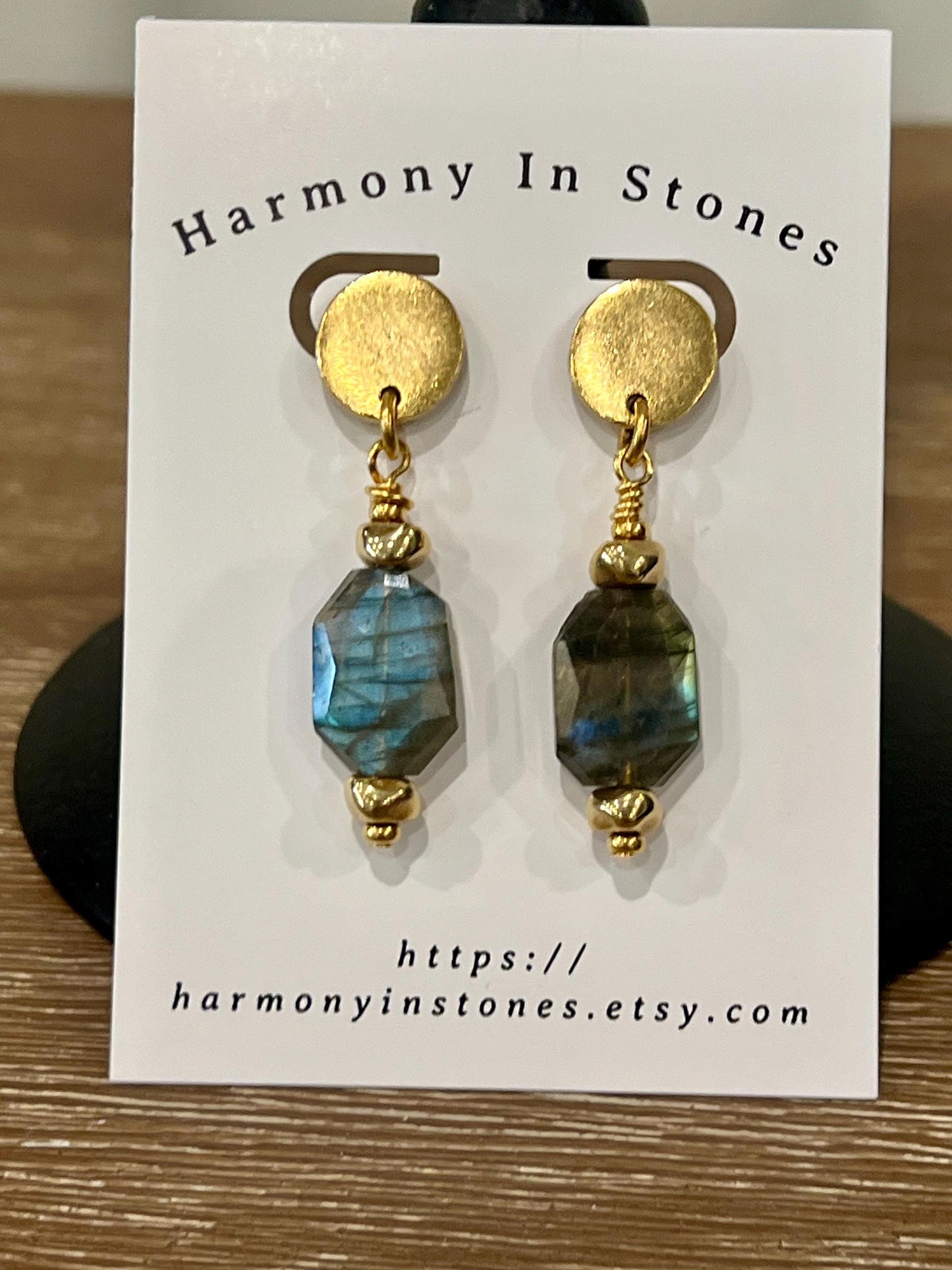 Labradorite Beaded Earrings Non-tarnish Gold Plated Pewter Post Drop Earrings Faceted Stones Faceted Labradorite 2 inches in Length