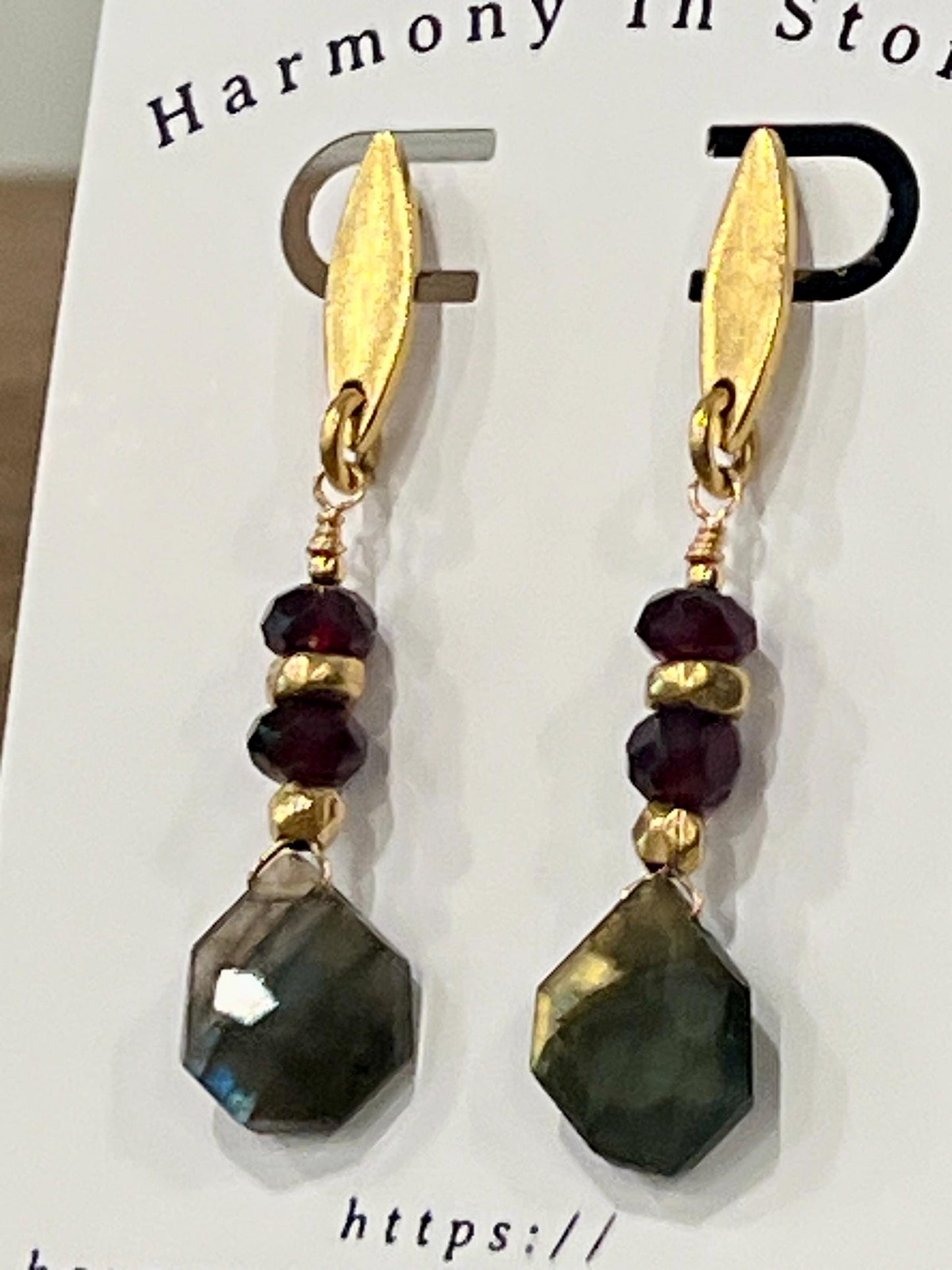 Labradorite and Garnet Beaded Earrings Non-tarnish Gold Plated Pewter Post Drop Earrings Deep Red Garnet Stones Faceted Labradorite