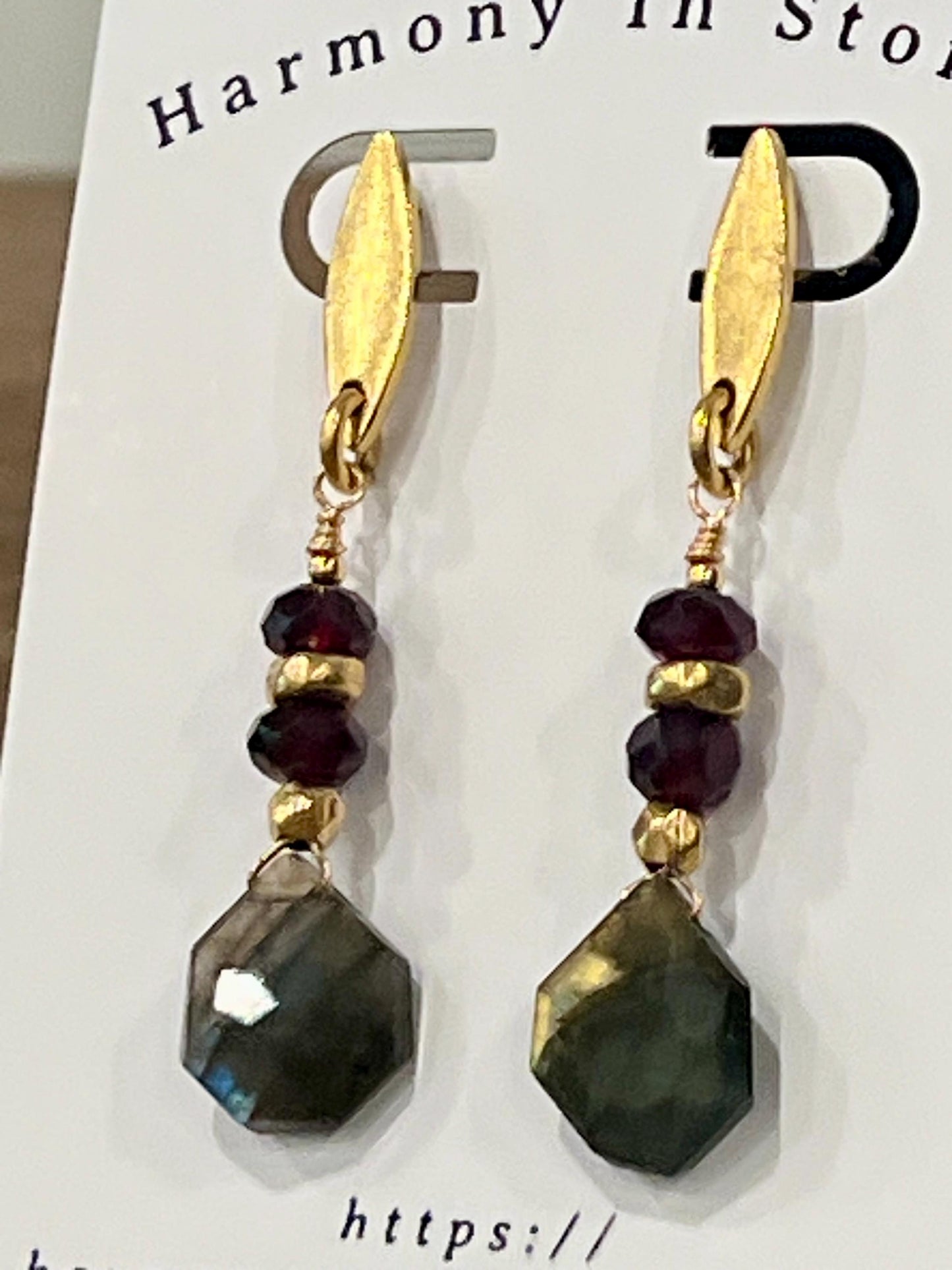 Labradorite Garnet Beaded Drop Earrings: Gold Plated Pewter Posts