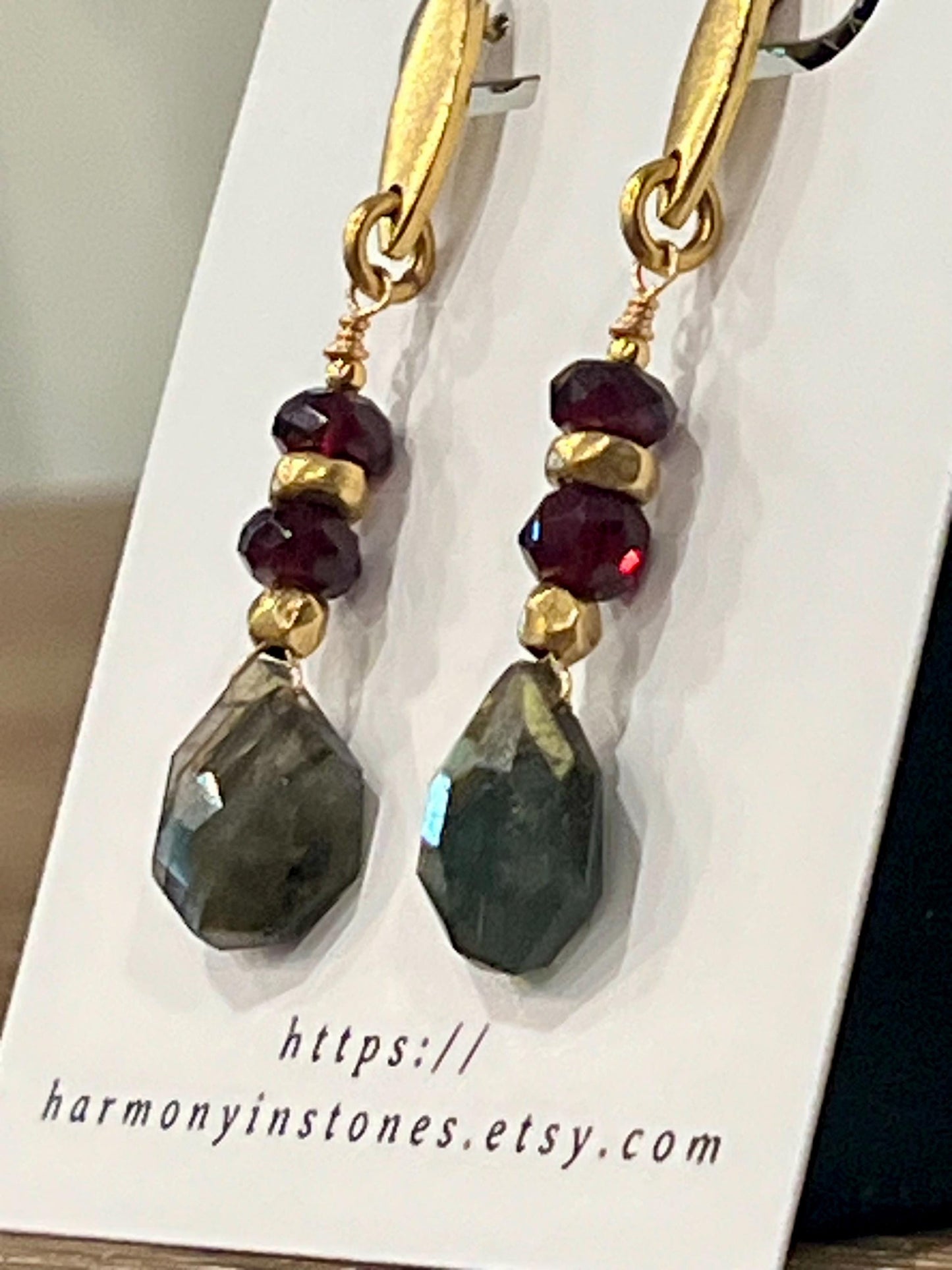 Labradorite Garnet Beaded Drop Earrings: Gold Plated Pewter Posts