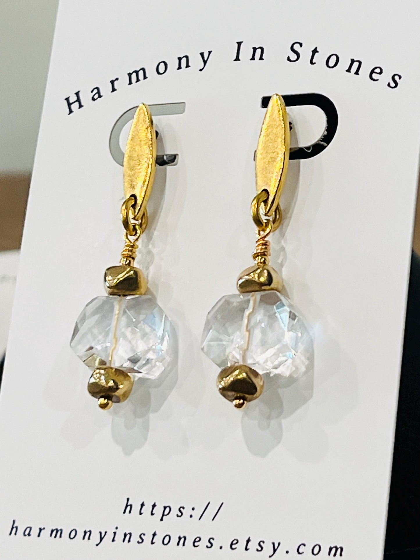 Clear Quartz Beaded Earrings Quartz Faceted Drop Earrings 1.75inch Gold Plated Pewter Post Drop Earrings Navette Shaped Post