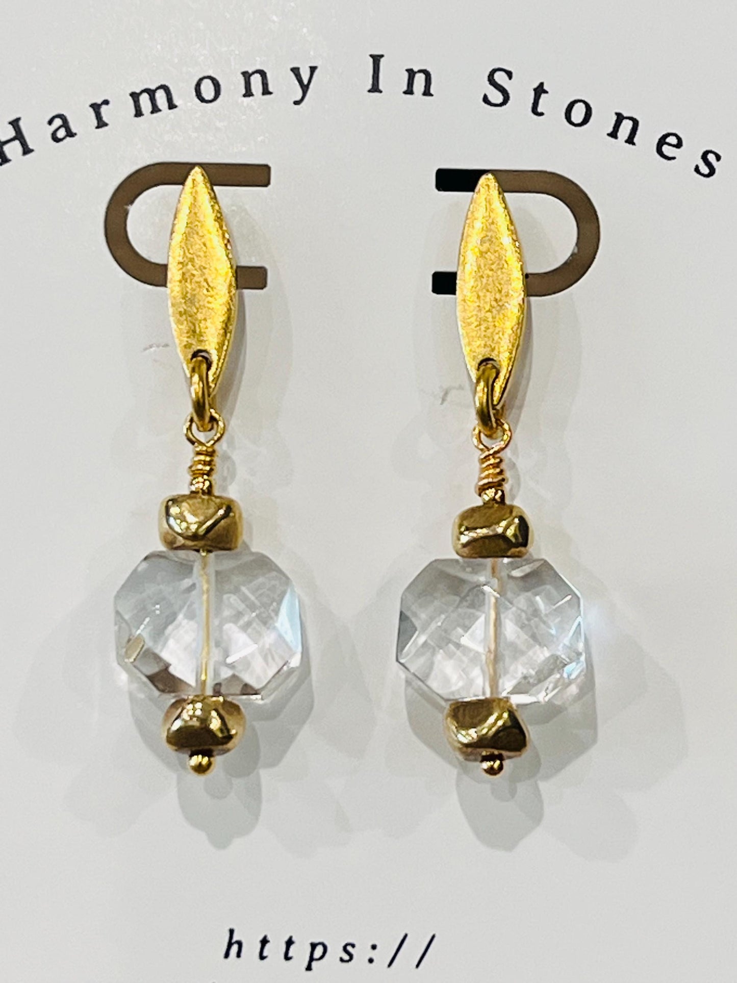 Clear Quartz Beaded Earrings Quartz Faceted Drop Earrings 1.75inch Gold Plated Pewter Post Drop Earrings Navette Shaped Post