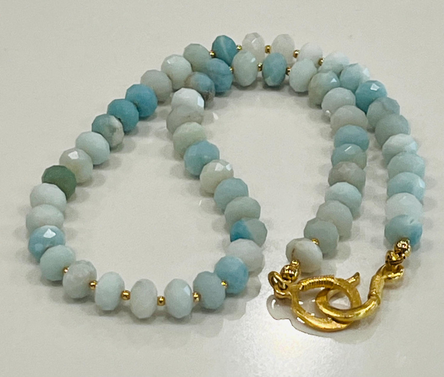 Amazonite Beaded Necklace with Gold Decorative Clasp 6x8mm Faceted Amazonite Stones Natural Gemstone Semi-Precious Bead Necklace