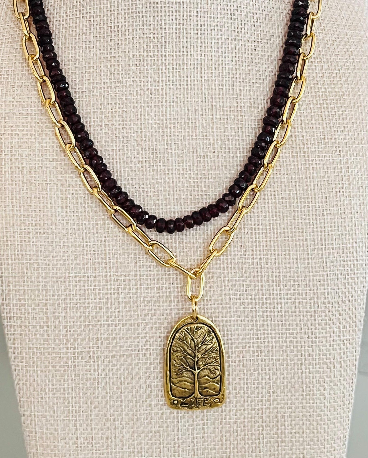 Gold Paperclip Layering Necklace with Large Tree of Life Pendant Gorgeous Layering Statement Necklace Modern Gold Layering Necklace