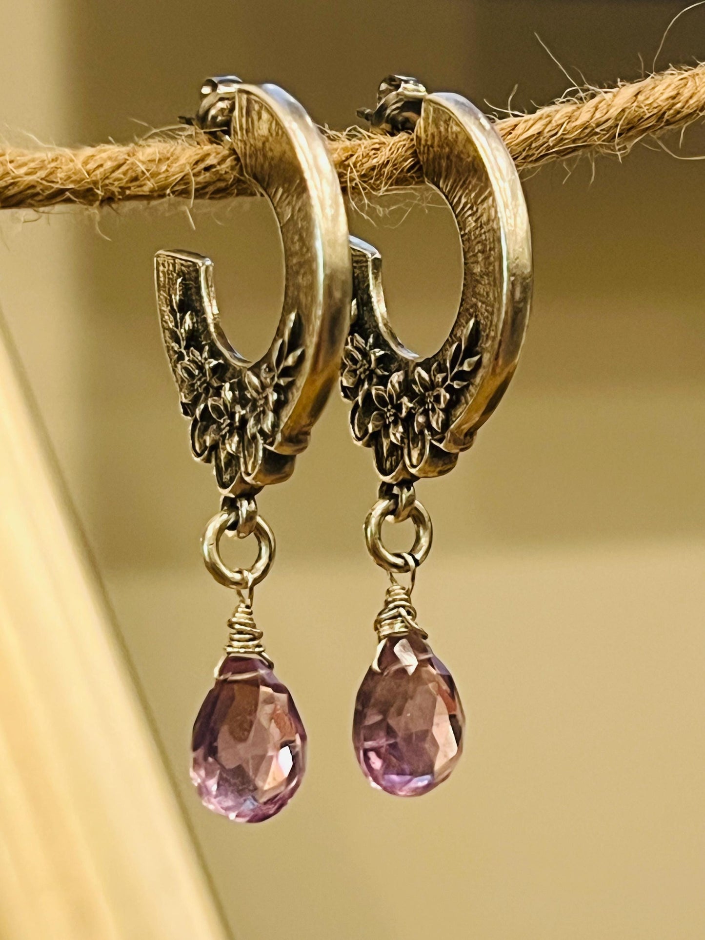 Silver Amethyst Post Earrings Non-Tarnish Silver Plated Pewter Blossom Floral Patterned Vintage Inspired Earrings Gorgeous Sparkling Stones