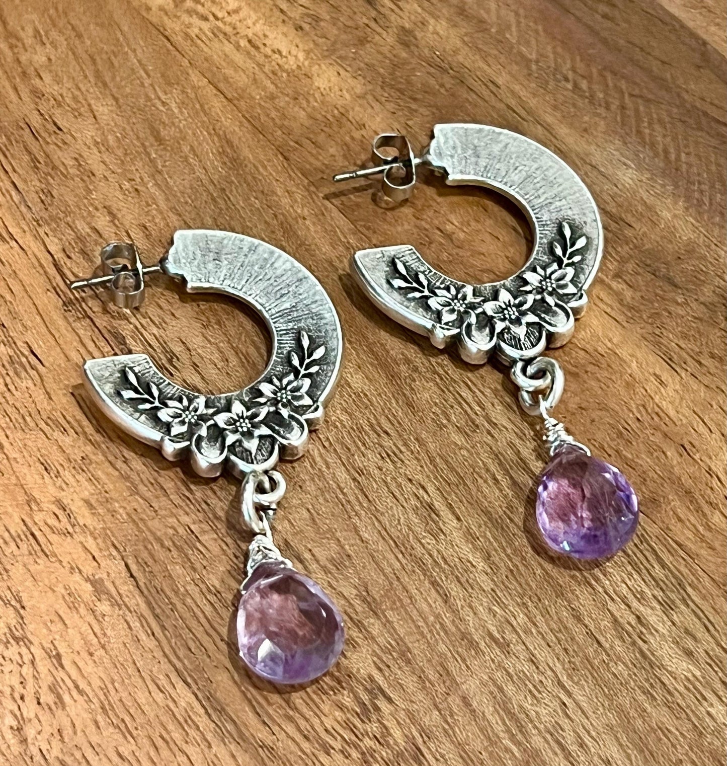 Silver Amethyst Post Earrings Non-Tarnish Silver Plated Pewter Blossom Floral Patterned Vintage Inspired Earrings Gorgeous Sparkling Stones