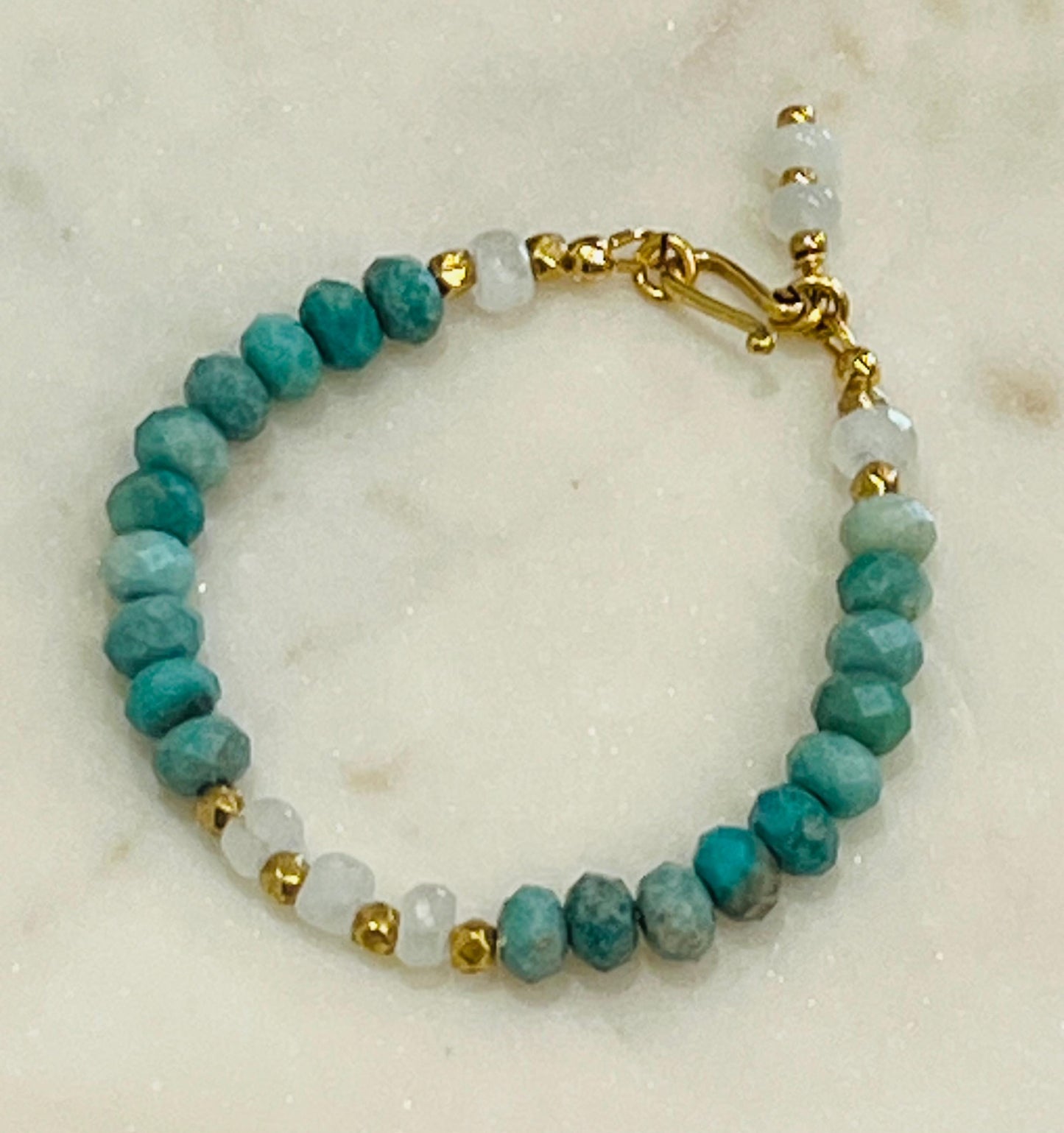 Chrysoprase and Rainbow Moonstone Beaded Bracelet Non-Tarnish Gold Plated Pewter Clasp and Accent Beads Faceted Natural Gemstones