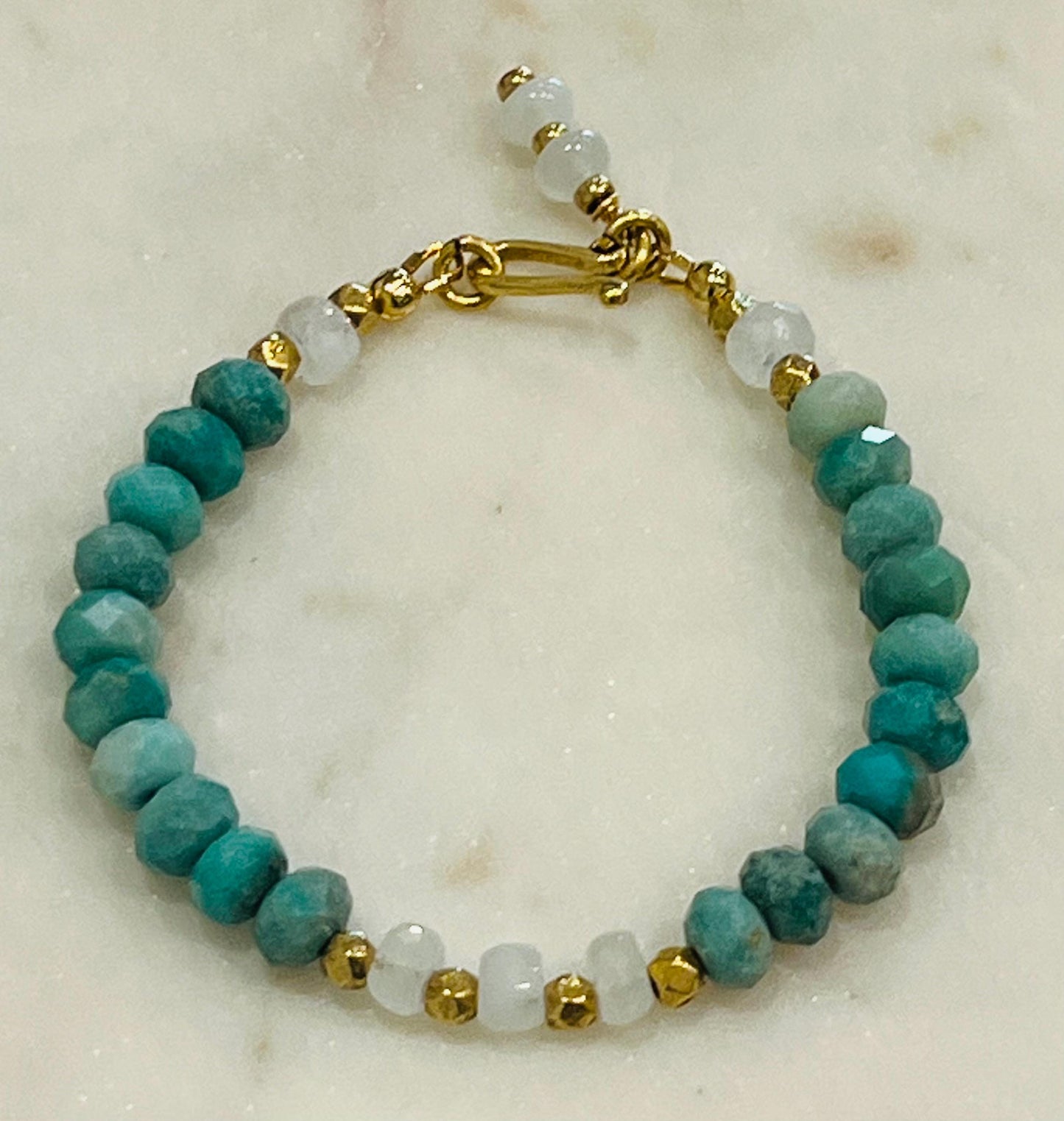 Chrysoprase and Rainbow Moonstone Beaded Bracelet Non-Tarnish Gold Plated Pewter Clasp and Accent Beads Faceted Natural Gemstones