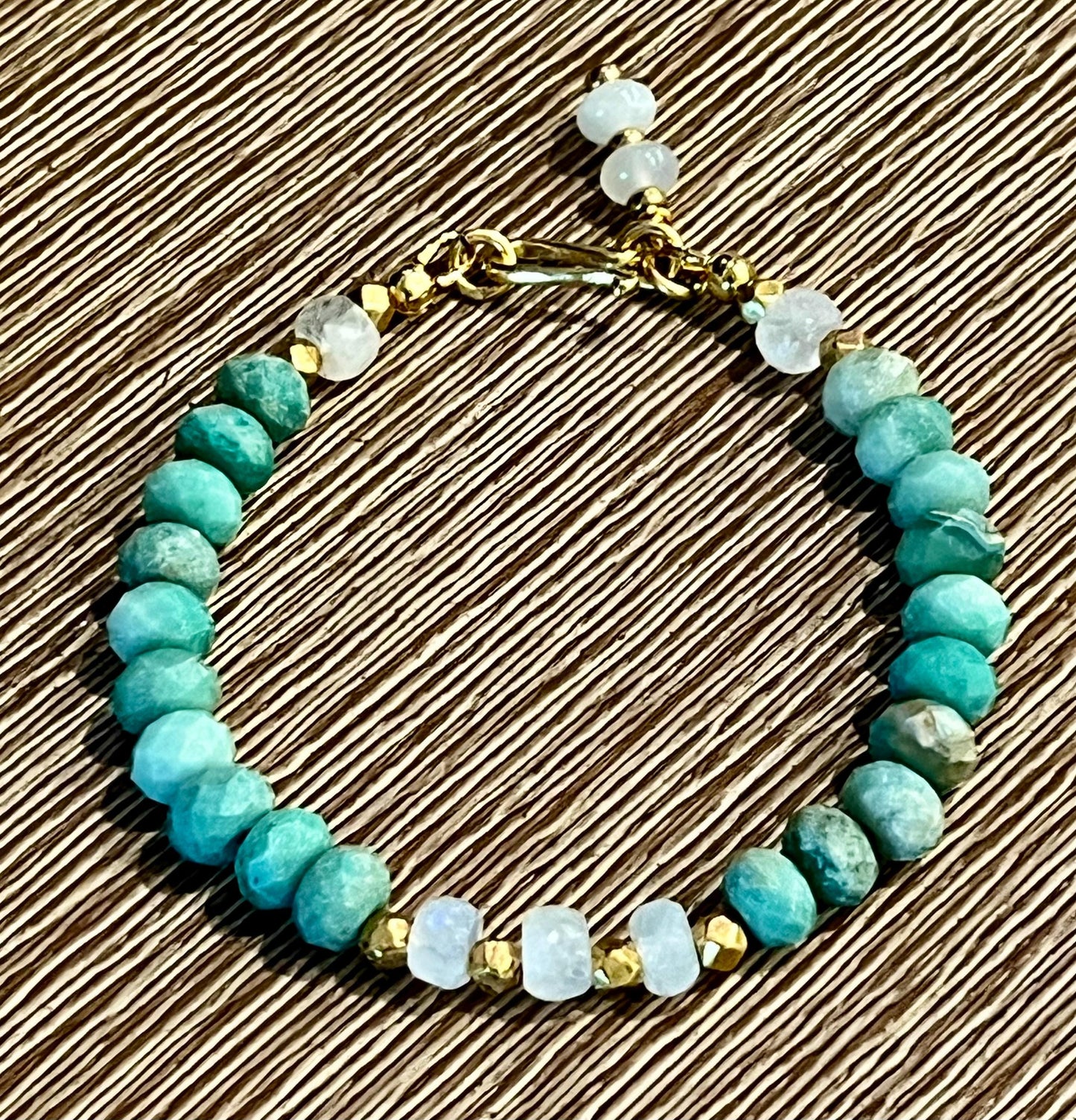 Chrysoprase and Rainbow Moonstone Beaded Bracelet Non-Tarnish Gold Plated Pewter Clasp and Accent Beads Faceted Natural Gemstones
