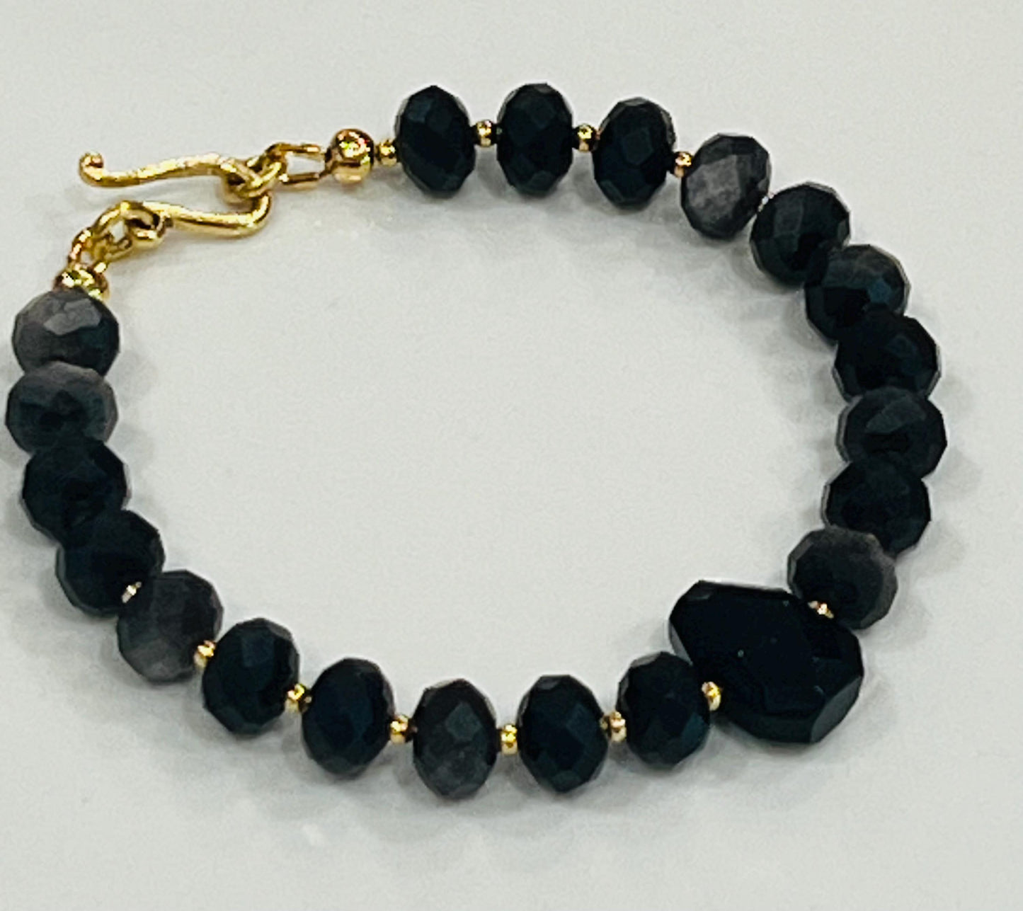 Black Obsidian Bracelet Black Obsidian Faceted Beaded Bracelet with Non-tarnish Gold Plated Pewter Clasp/Beads Center Obsidian Stone