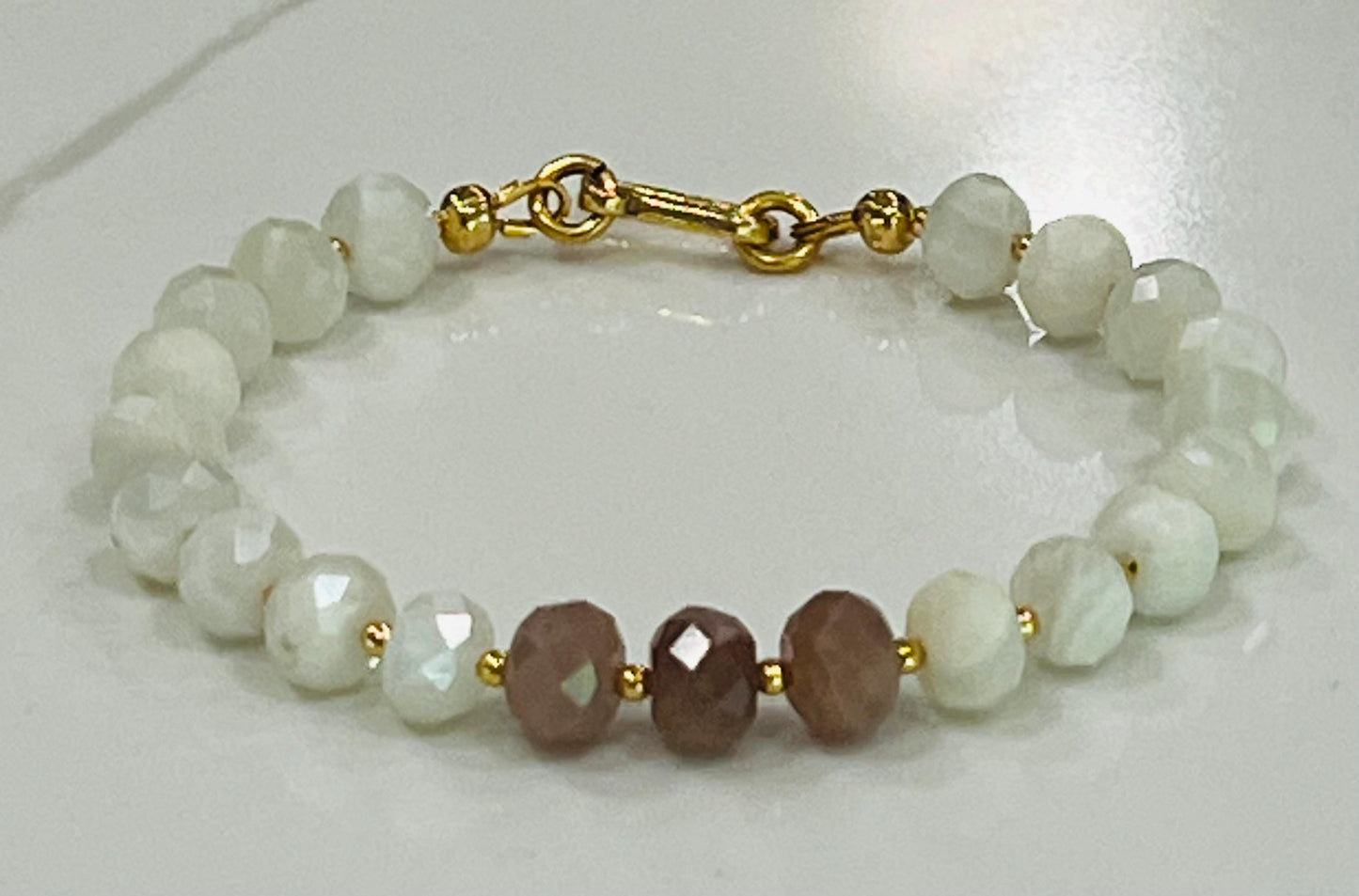 Rainbow Moonstone and Sunstone Beaded Bracelet Non-Tarnish Clasp/Accent Beads Sparkling Faceted Moonstone Bracelet
