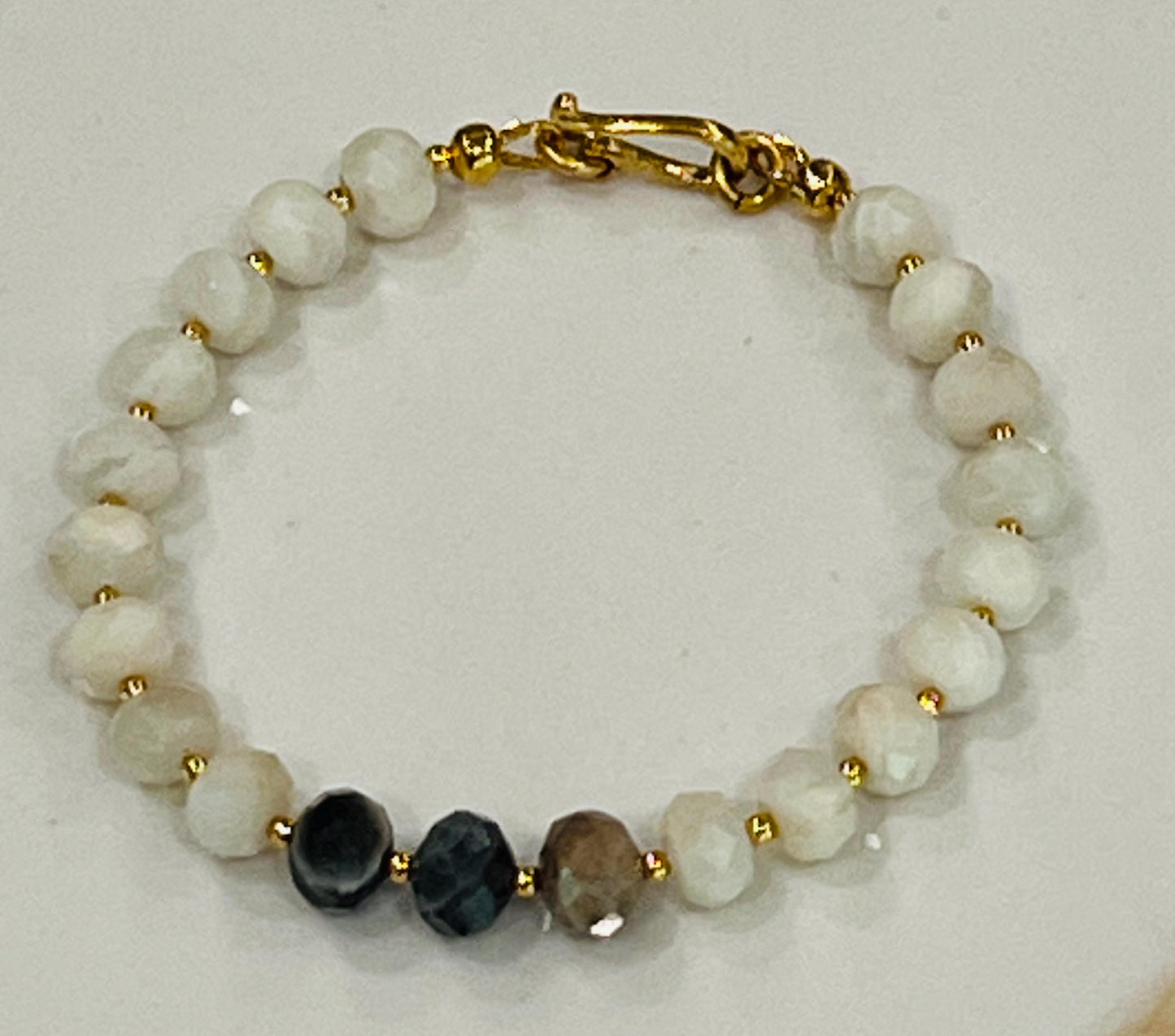 Rainbow Moonstone and Black Moonstone Beaded Bracelet Non-Tarnish Clasp/Accent Beads Sparkling Faceted Moonstone Bracelet