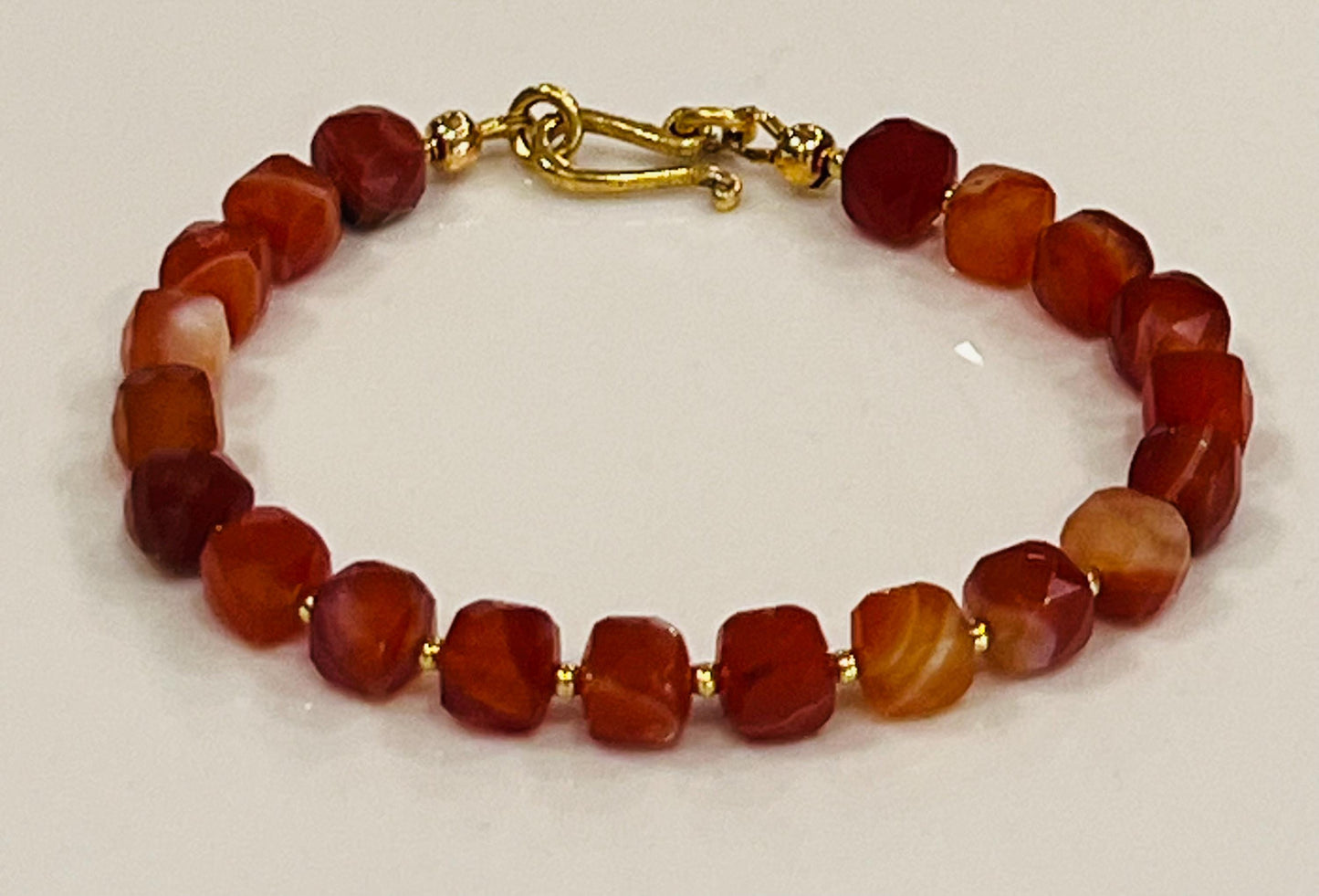 Red Stripe Agate Beaded Bracelet Faceted Cubed 7mm Red Striped Agate Bracelet Non-Tarnish Gold Plated Pewter Clasp/Accent Beads
