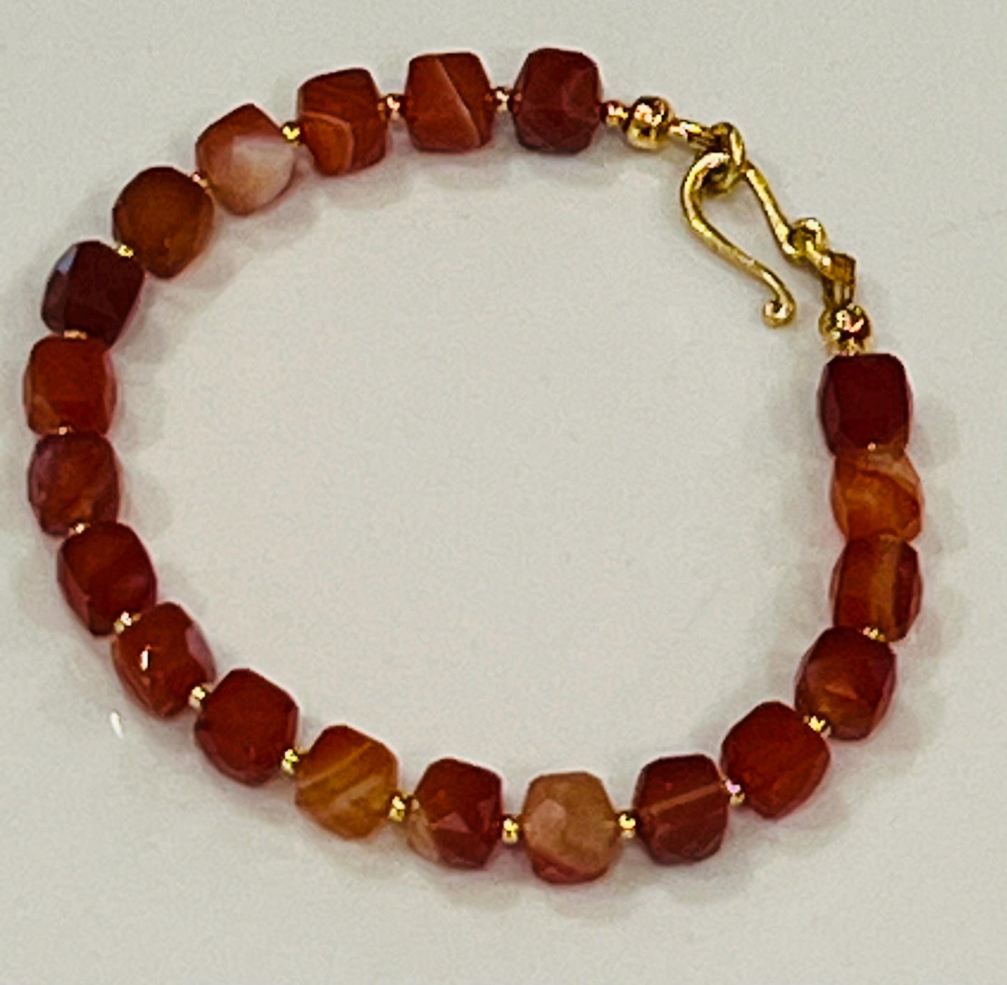 Red Stripe Agate Beaded Bracelet Faceted Cubed 7mm Red Striped Agate Bracelet Non-Tarnish Gold Plated Pewter Clasp/Accent Beads