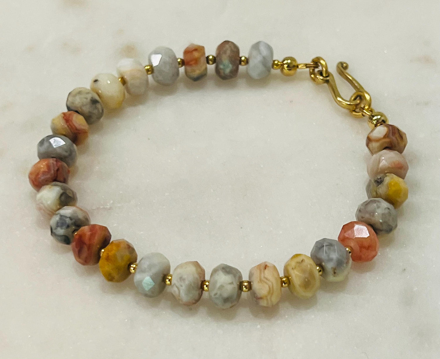 Crazy Lace Agate Beaded Bracelet 6x8mm Faceted Rondelle Crazy Lace Agate Stones with Decorative Gold Easy Clasp Natural Gemstone Bracelet