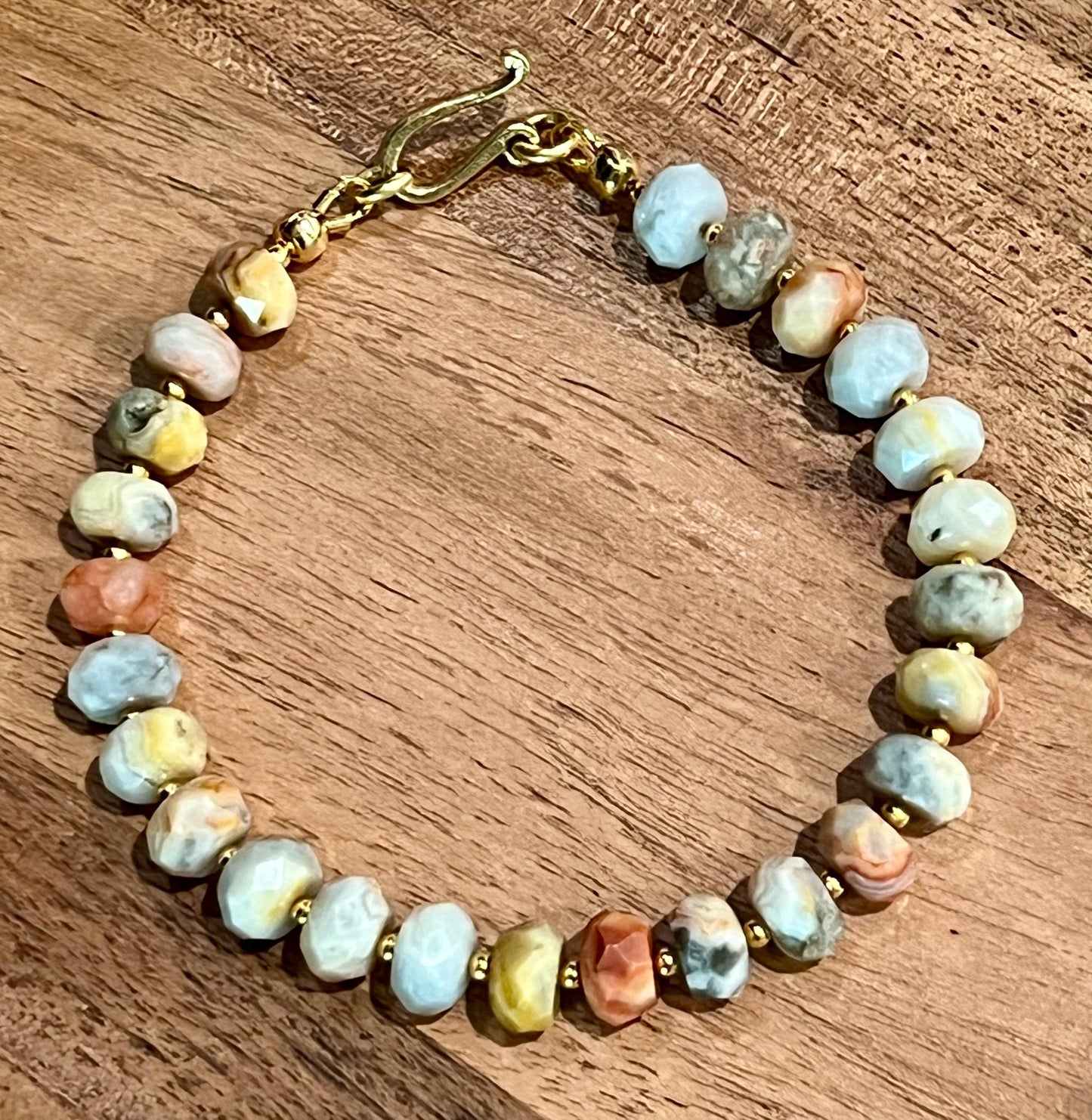 Crazy Lace Agate Beaded Bracelet 6x8mm Faceted Rondelle Crazy Lace Agate Stones with Decorative Gold Easy Clasp Natural Gemstone Bracelet