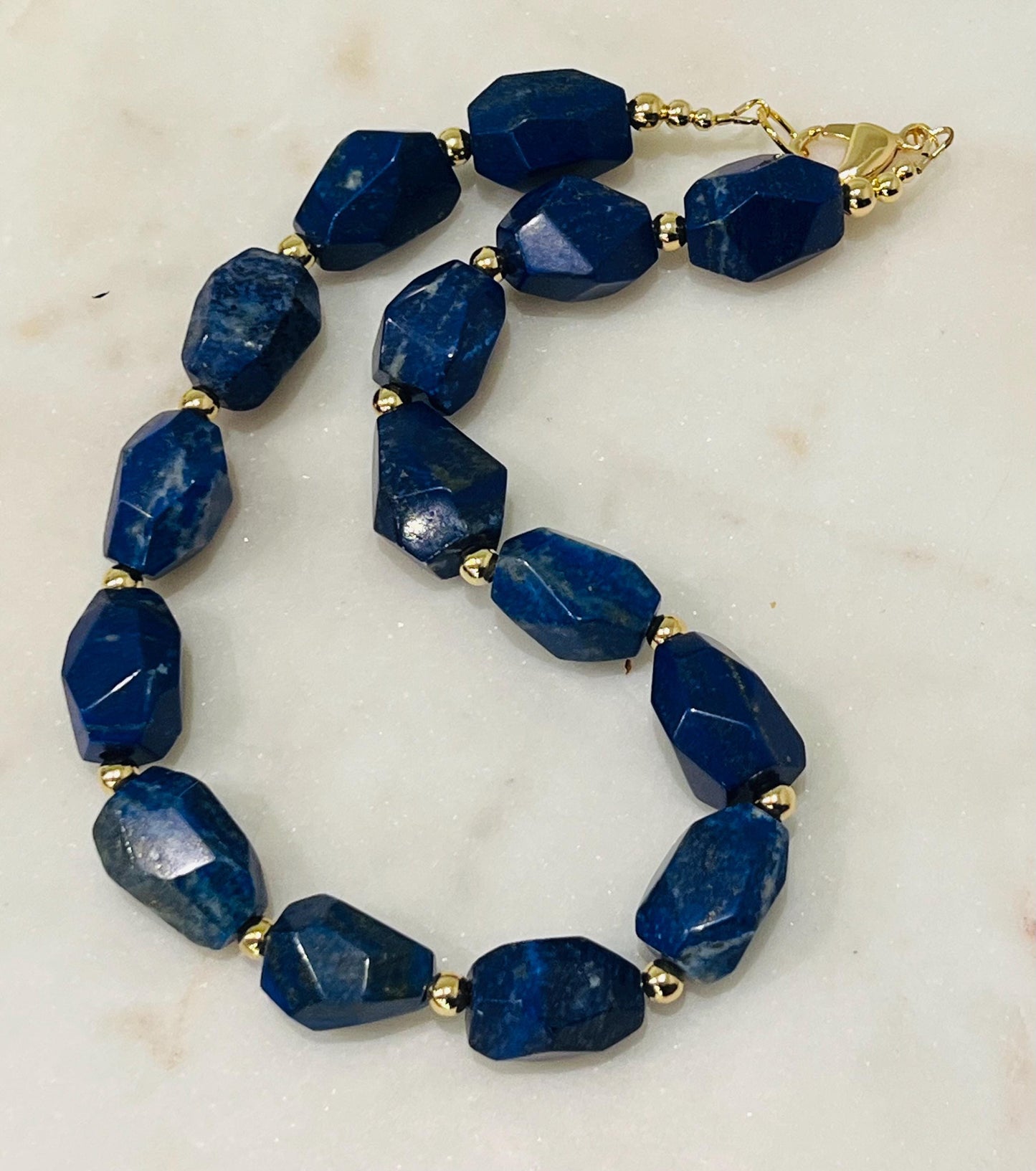 Lapis Beaded Necklace Chunky Lapis Statement Necklace 16.5 inches in Length 18k Gold Filled Clasp/Accent Beads Gorgeous Natural Gemstones