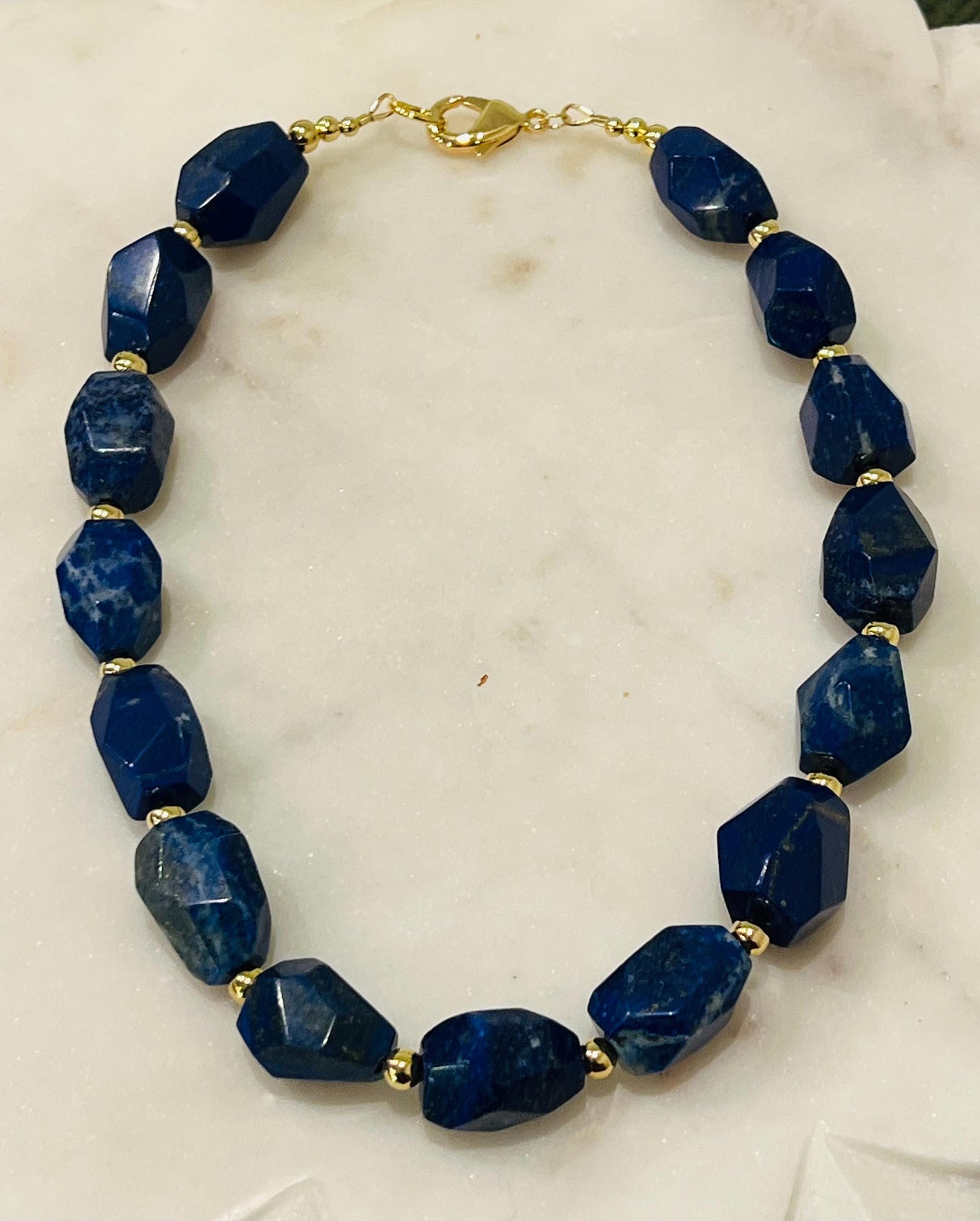 Lapis Beaded Necklace Chunky Lapis Statement Necklace 16.5 inches in Length 18k Gold Filled Clasp/Accent Beads Gorgeous Natural Gemstones