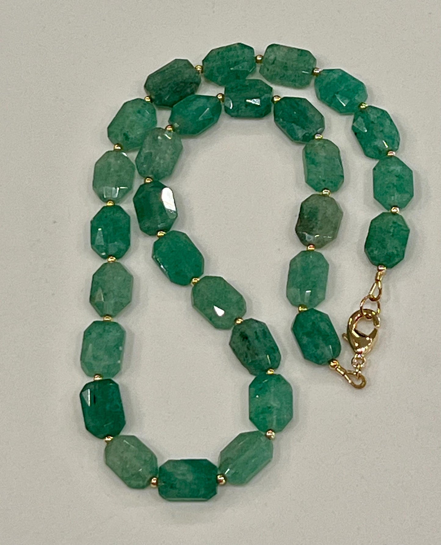 Green Strawberry Quartz Beaded Necklace 18k Gold Filled Clasp Green Beaded Layering Semi-Precious Stones 10x14mm Faceted Rectangle Stones