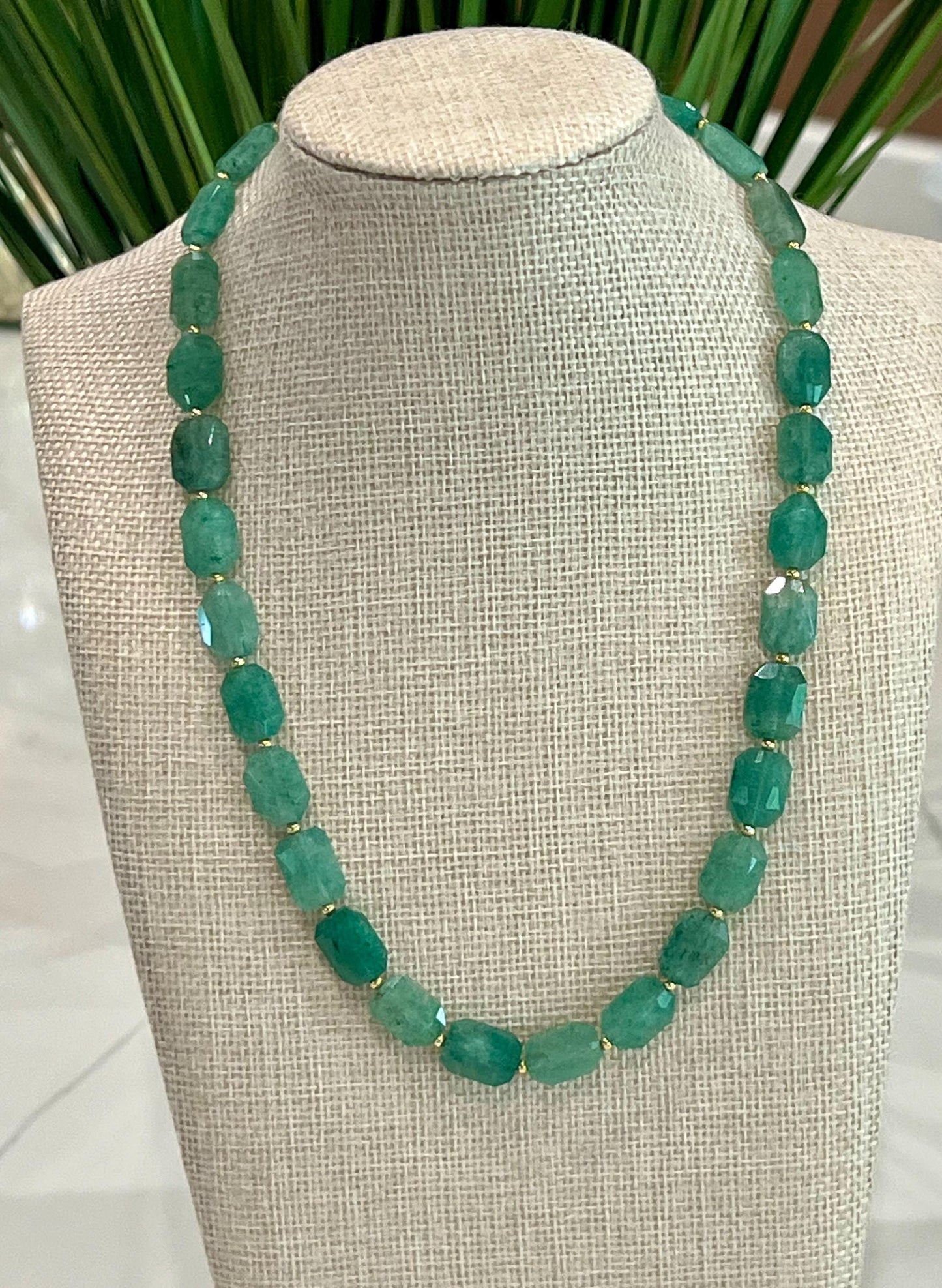 Green Strawberry Quartz Beaded Necklace 18k Gold Filled Clasp Green Beaded Layering Semi-Precious Stones 10x14mm Faceted Rectangle Stones