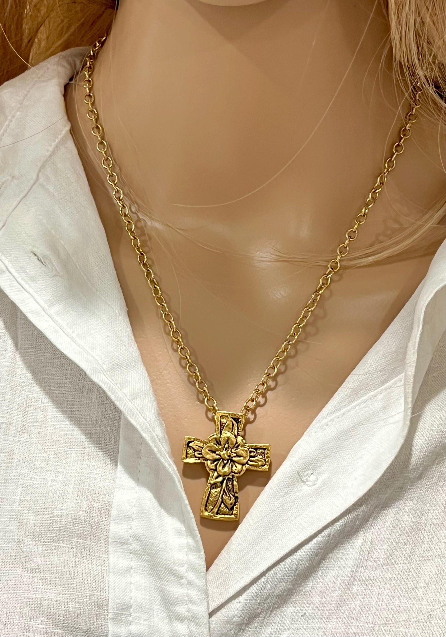 Gold, Silver, or Copper Small Textured Cable Chain Necklace with Floral Cross Pendant Gorgeous Layering Statement Necklace Versatile Length