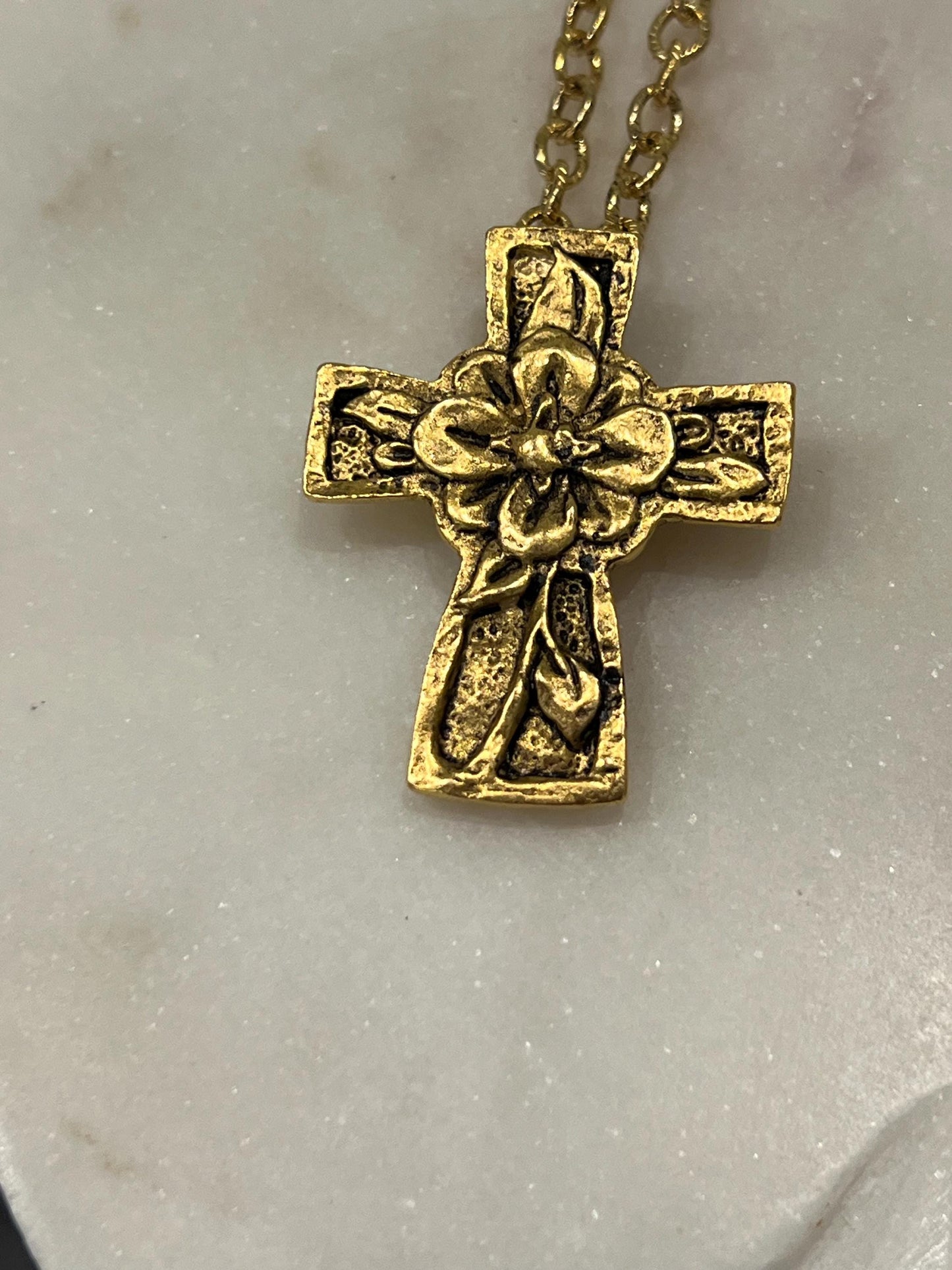 Gold, Silver, or Copper Small Textured Cable Chain Necklace with Floral Cross Pendant Gorgeous Layering Statement Necklace Versatile Length