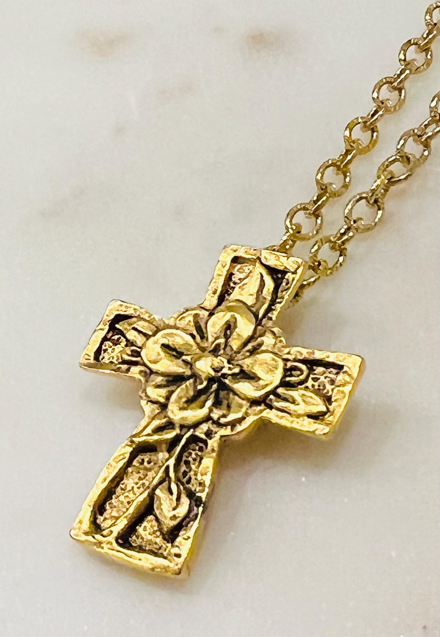 Gold, Silver, or Copper Small Textured Cable Chain Necklace with Floral Cross Pendant Gorgeous Layering Statement Necklace Versatile Length