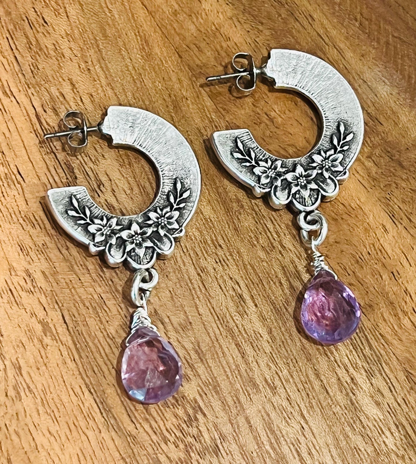 Silver Amethyst Post Earrings Non-Tarnish Silver Plated Pewter Blossom Floral Patterned Vintage Inspired Earrings Gorgeous Sparkling Stones
