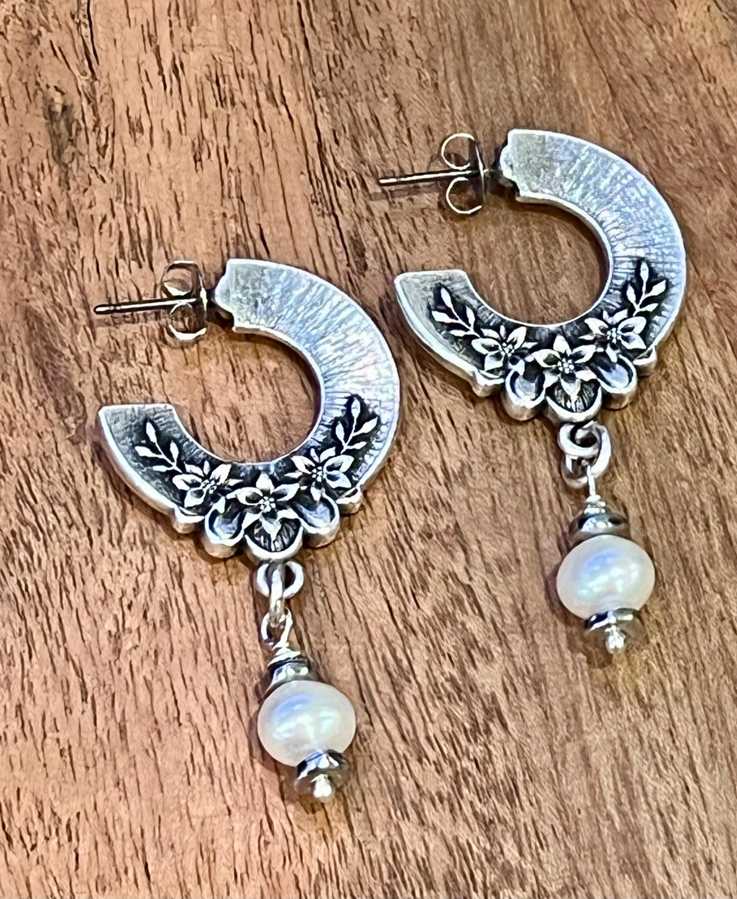 Silver and Pearl Post Earrings Non-Tarnish Silver Plated Pewter Blossom Floral Patterned Vintage Inspired Earrings Gorgeous Sparkling Stones