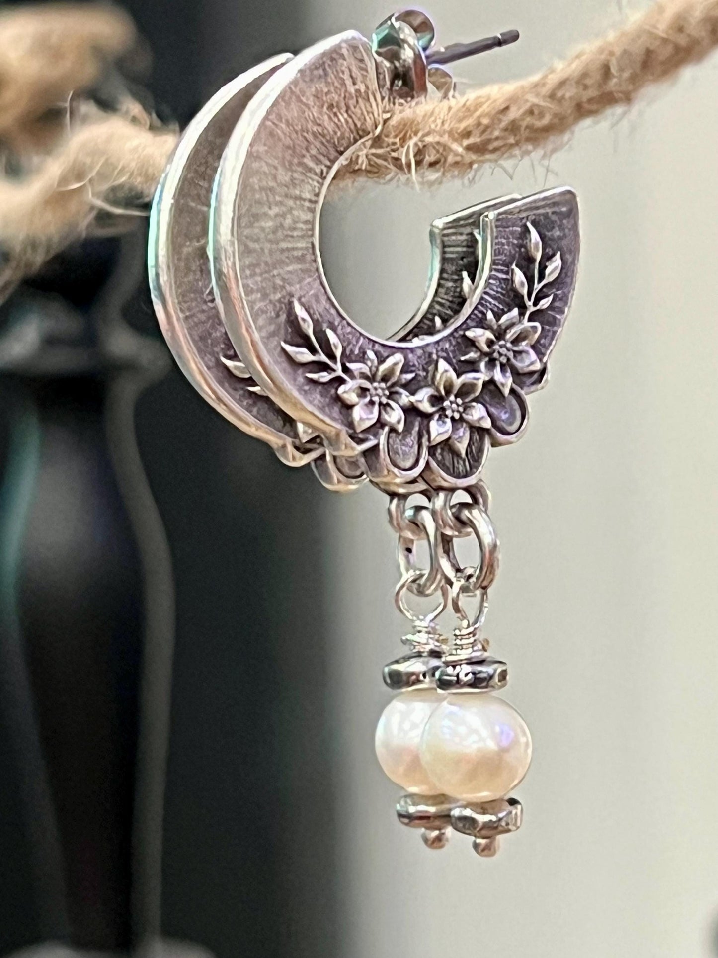 Silver and Pearl Post Earrings Non-Tarnish Silver Plated Pewter Blossom Floral Patterned Vintage Inspired Earrings Gorgeous Sparkling Stones