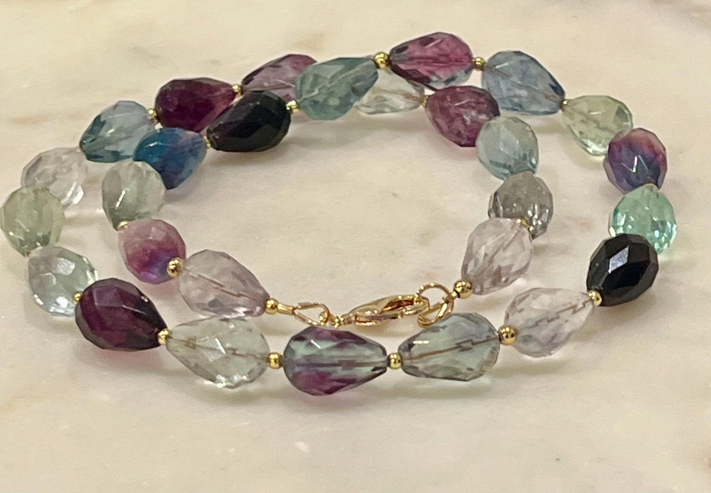 Fluorite Beaded Necklace Sparkling Faceted Tear Shape High Quality Fluorite Necklace with 18k Gold Filled Clasp and Beads AAA Fluorite