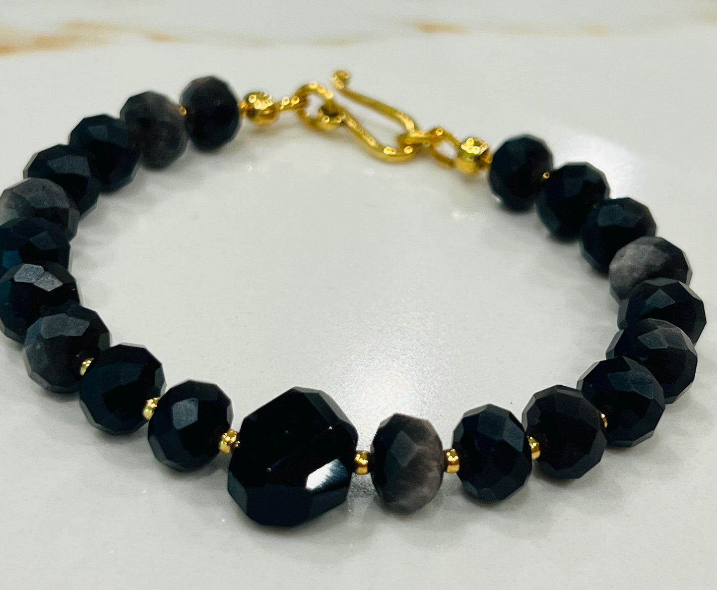 Black Obsidian Bracelet Black Obsidian Faceted Beaded Bracelet with Non-tarnish Gold Plated Pewter Clasp/Beads Center Obsidian Stone
