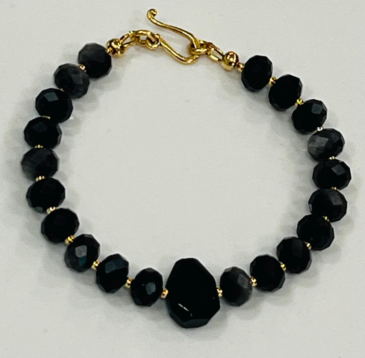 Black Obsidian Bracelet Black Obsidian Faceted Beaded Bracelet with Non-tarnish Gold Plated Pewter Clasp/Beads Center Obsidian Stone
