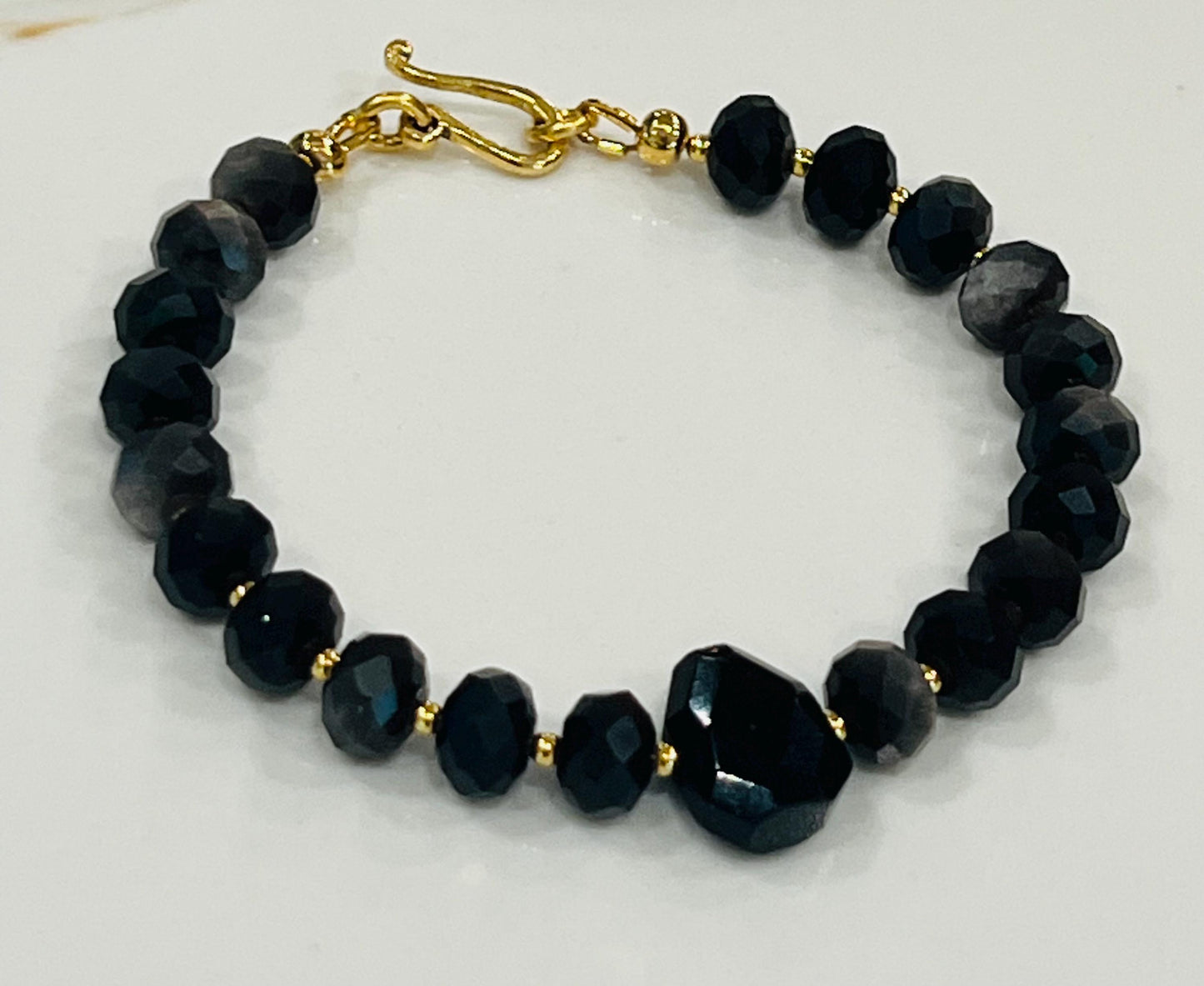 Black Obsidian Bracelet Black Obsidian Faceted Beaded Bracelet with Non-tarnish Gold Plated Pewter Clasp/Beads Center Obsidian Stone