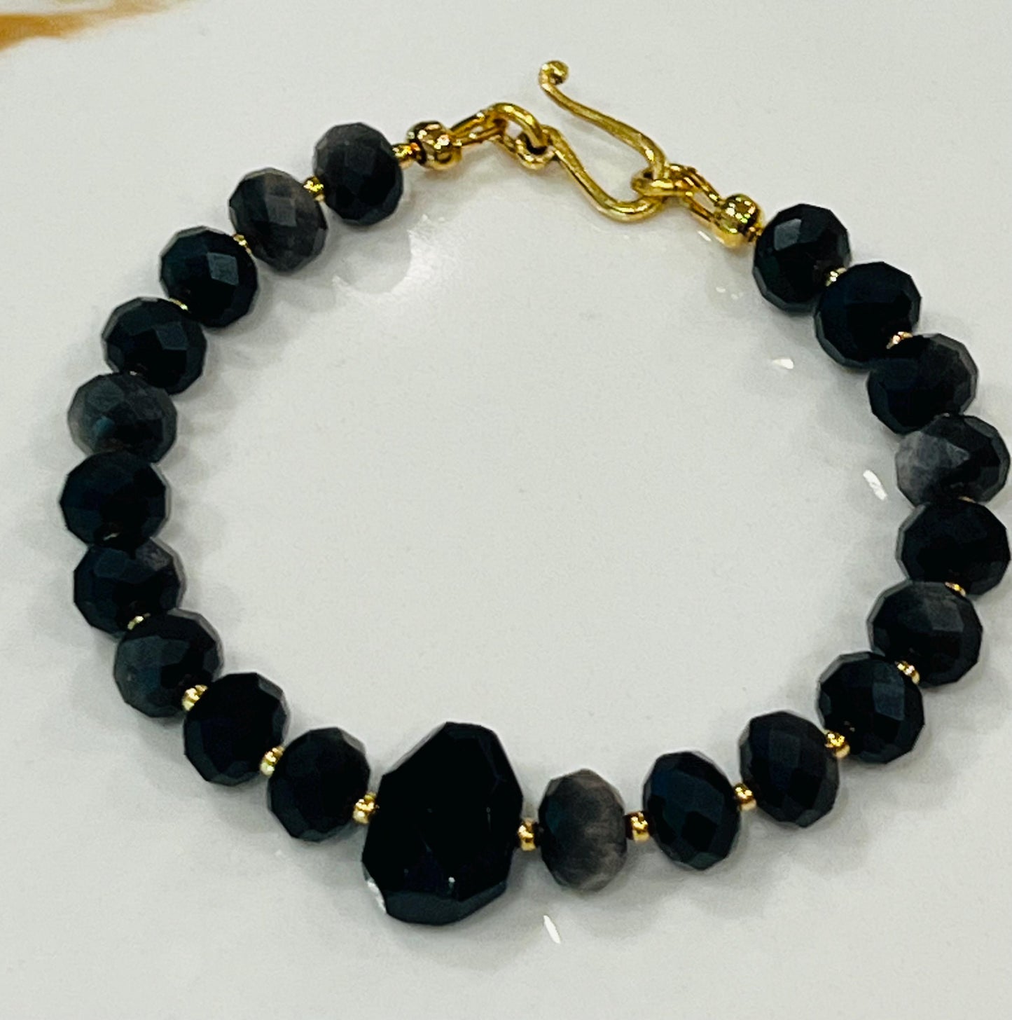 Black Obsidian Bracelet Black Obsidian Faceted Beaded Bracelet with Non-tarnish Gold Plated Pewter Clasp/Beads Center Obsidian Stone