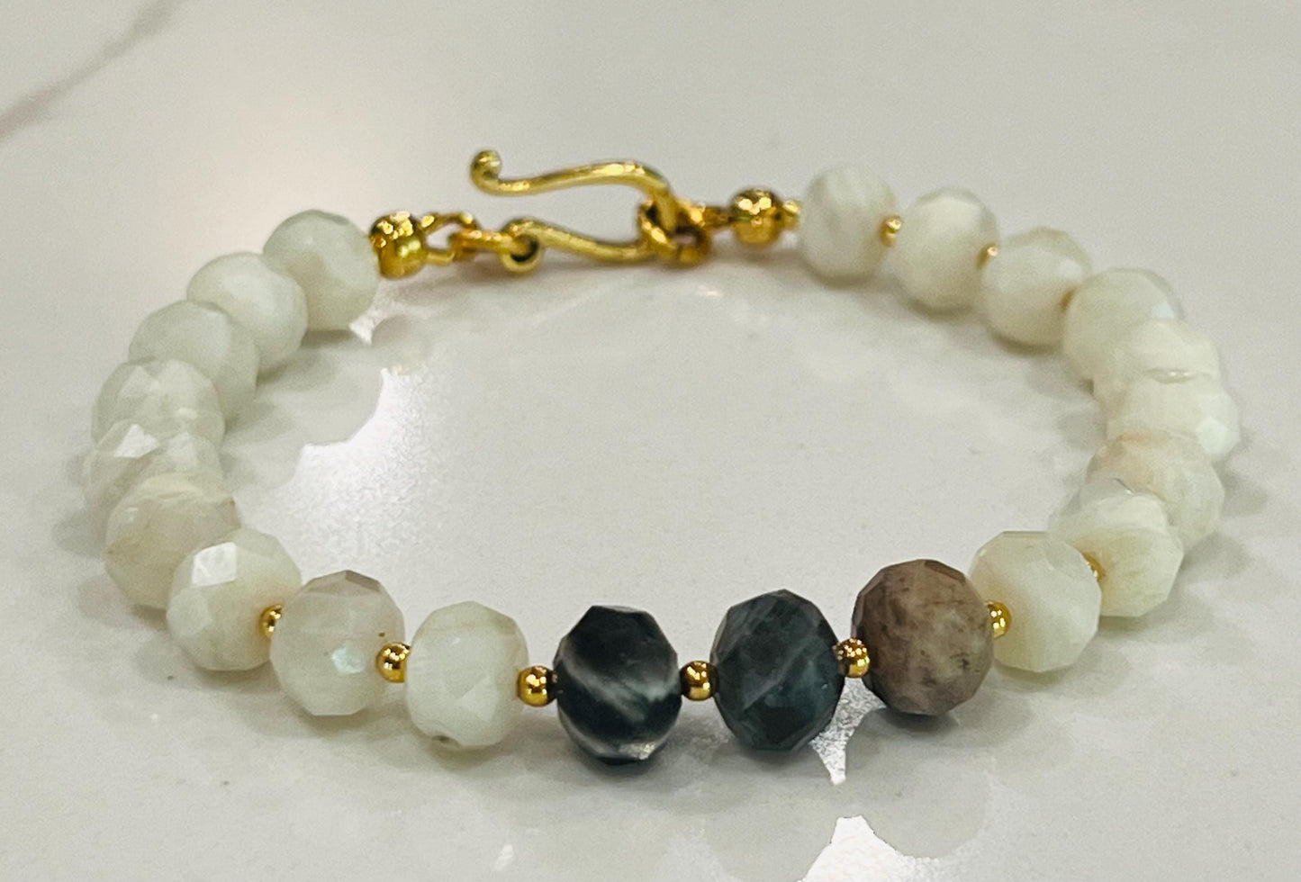 Rainbow Moonstone and Black Moonstone Beaded Bracelet Non-Tarnish Clasp/Accent Beads Sparkling Faceted Moonstone Bracelet