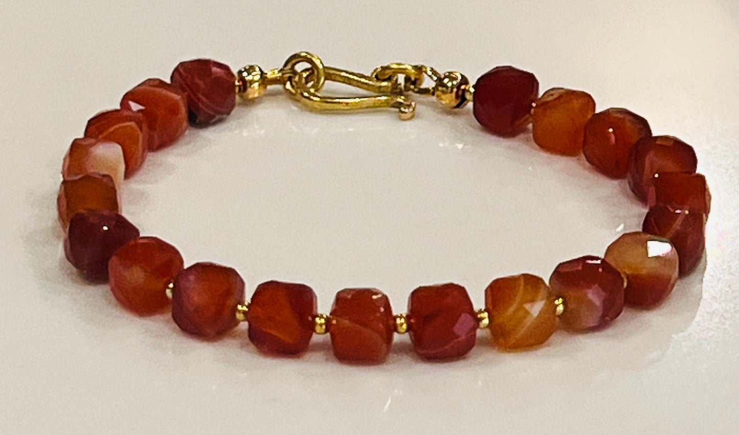Red Stripe Agate Beaded Bracelet Faceted Cubed 7mm Red Striped Agate Bracelet Non-Tarnish Gold Plated Pewter Clasp/Accent Beads