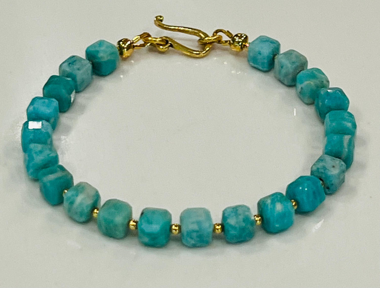 Amazonite Beaded Bracelet Amazonite Faceted Cubed Gemstone Bracelet Non-tarnish Gold Plated Pewter Clasp and Accent Beads Amazonite Beads
