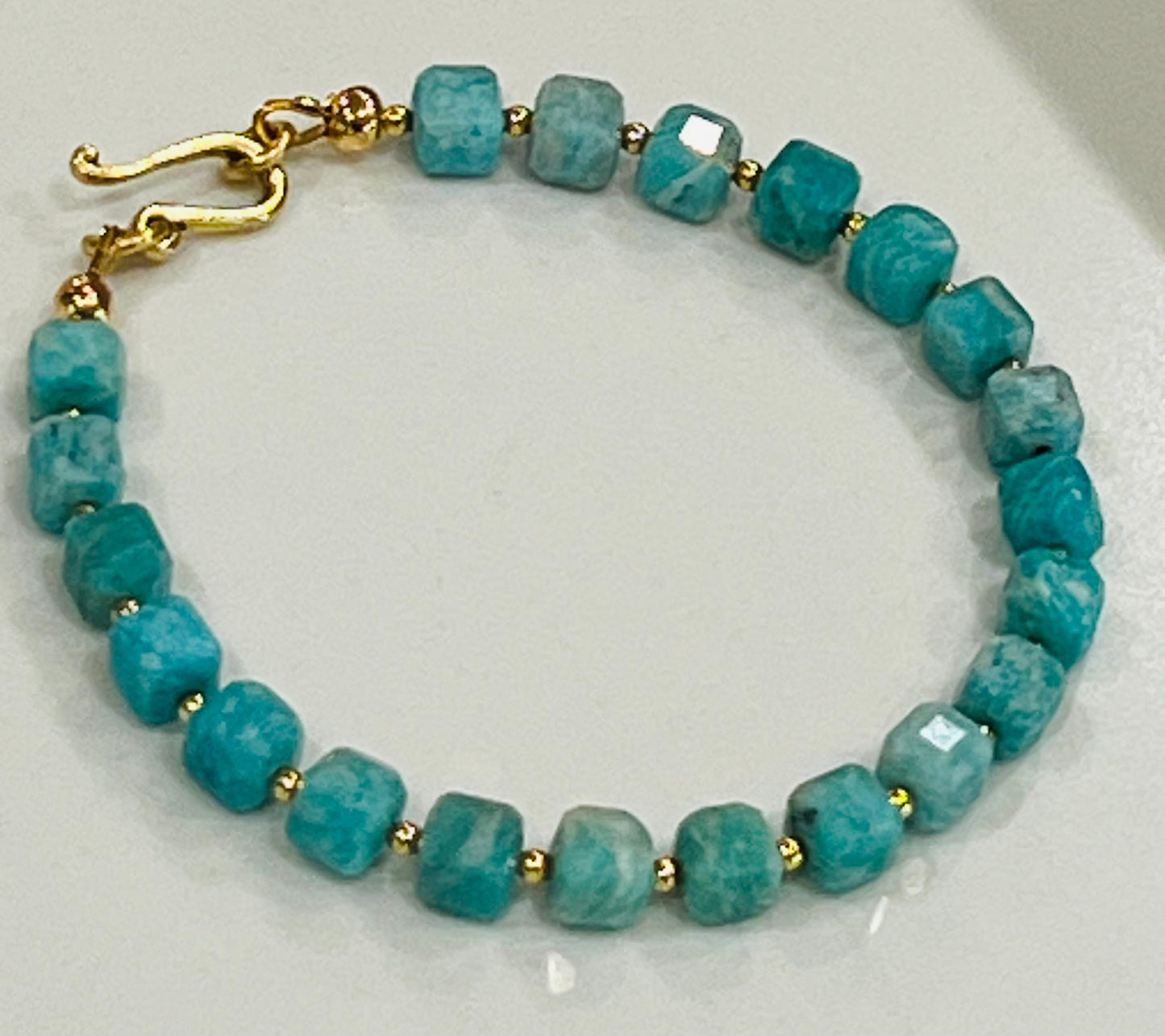 Amazonite Beaded Bracelet Amazonite Faceted Cubed Gemstone Bracelet Non-tarnish Gold Plated Pewter Clasp and Accent Beads Amazonite Beads
