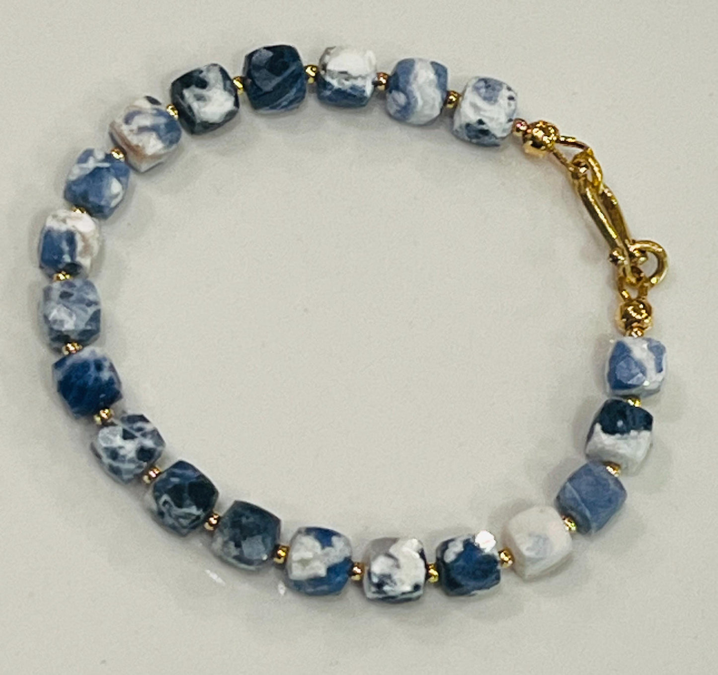 Sodalite Beaded Bracelet with Gold Decorative Clasp 7mm Faceted Cubed Sparkling Sodalite Beaded Bracelet Blue and White Beaded Bracelet