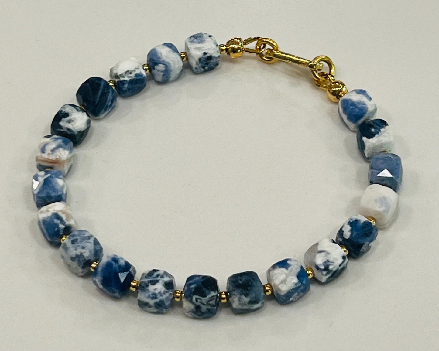 Sodalite Beaded Bracelet with Gold Decorative Clasp 7mm Faceted Cubed Sparkling Sodalite Beaded Bracelet Blue and White Beaded Bracelet