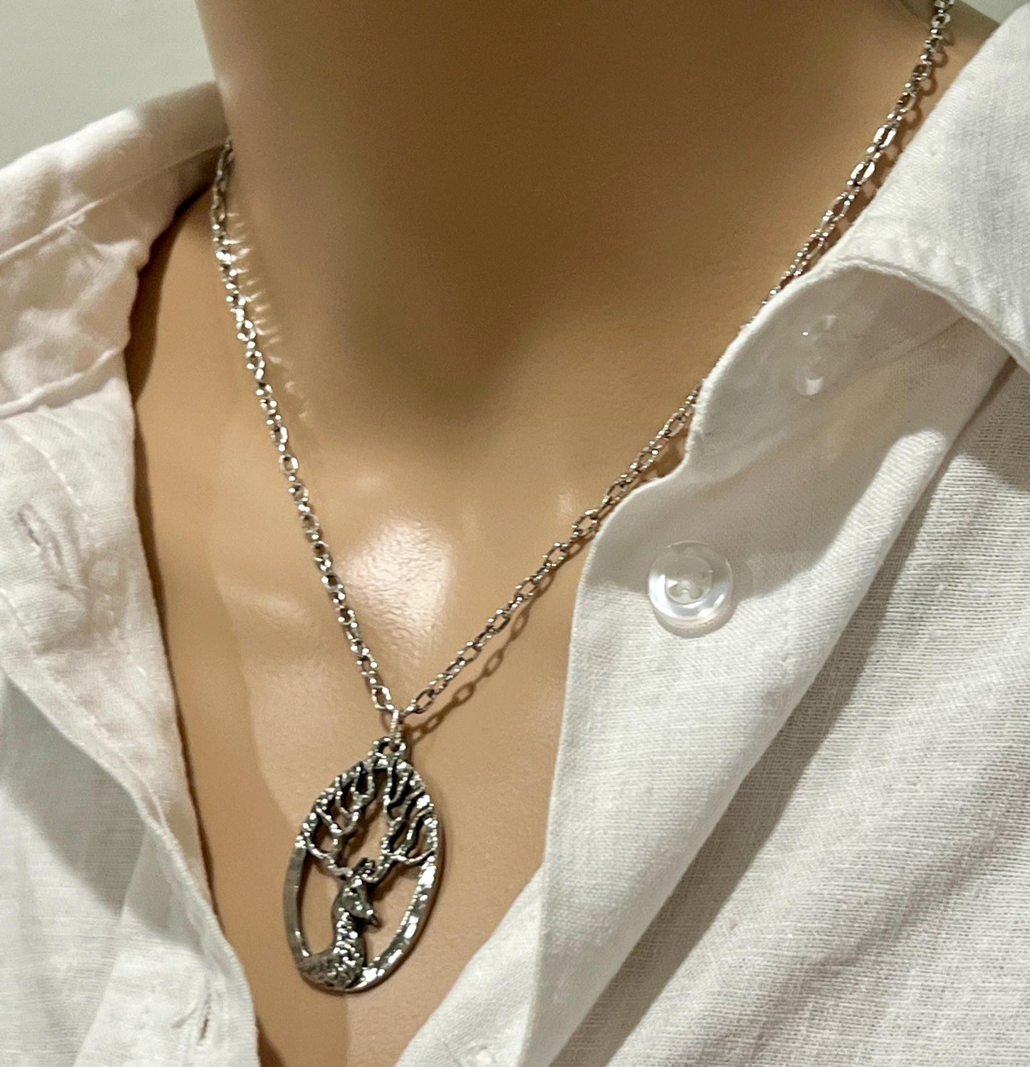 Silver Delicate Paperclip Layering Necklace Stag Deer Pendant Layering Statement Necklace Whimsical Silver Necklace Green Girl Studios