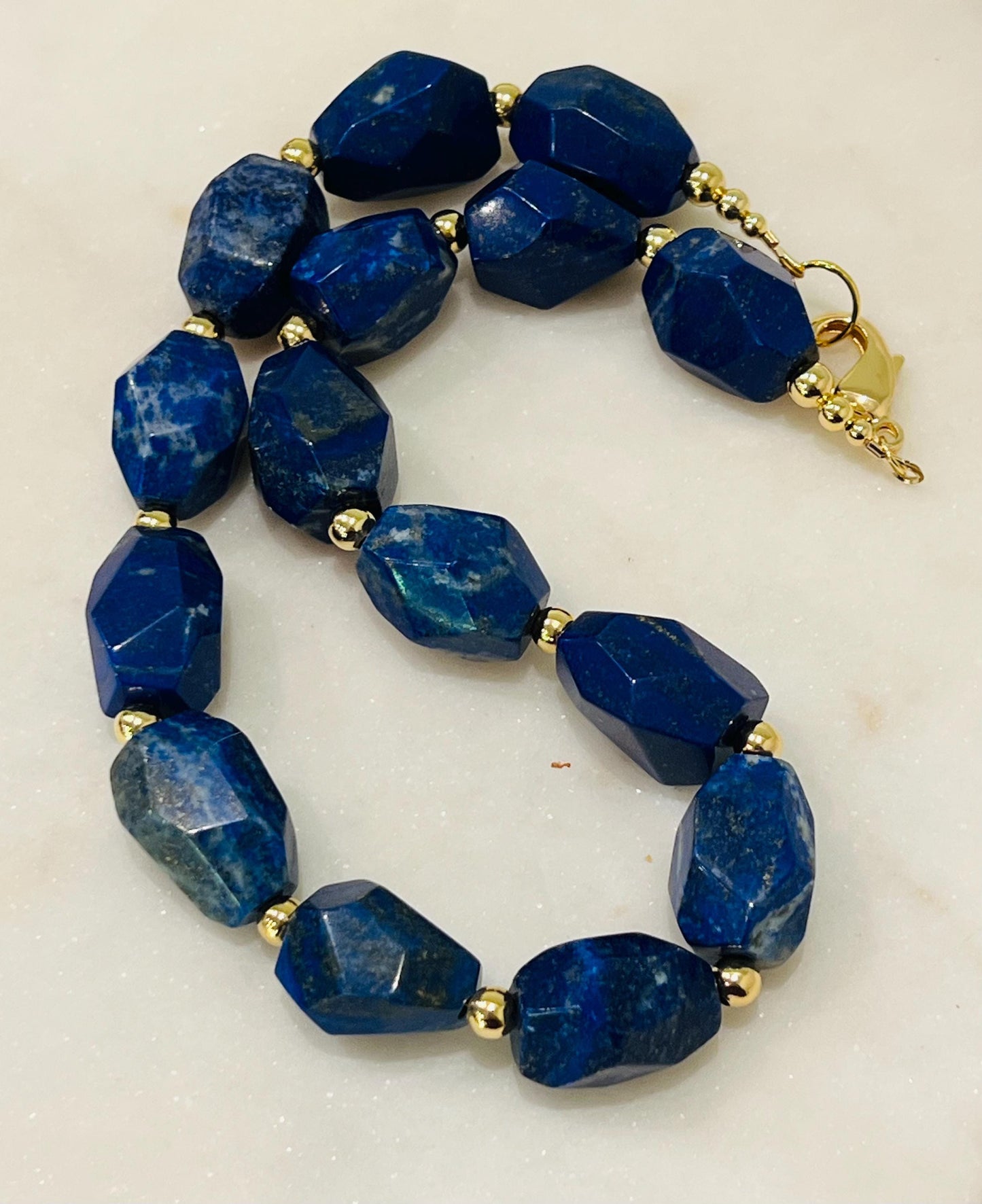 Lapis Beaded Necklace Chunky Lapis Statement Necklace 16.5 inches in Length 18k Gold Filled Clasp/Accent Beads Gorgeous Natural Gemstones