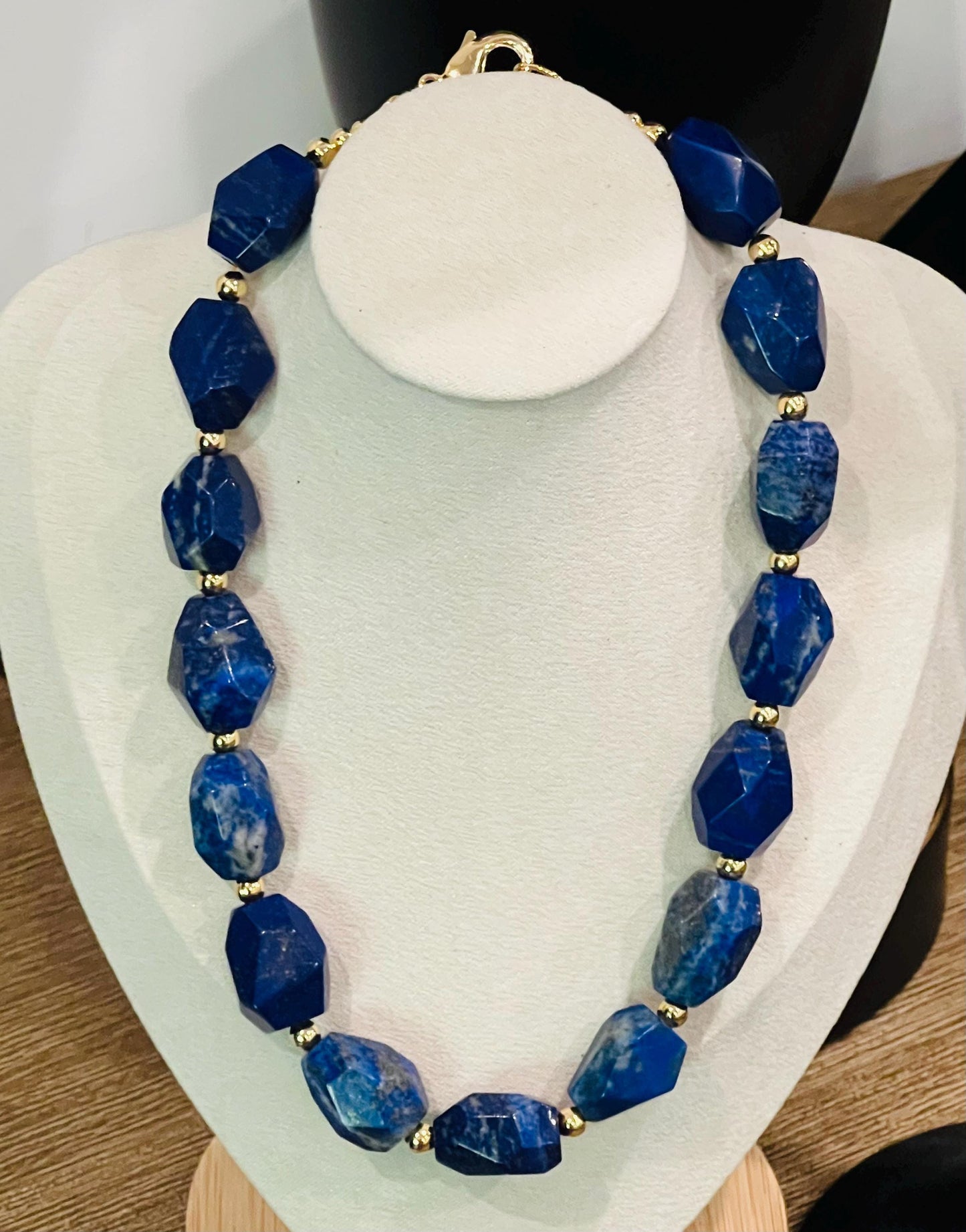 Lapis Beaded Necklace Chunky Lapis Statement Necklace 16.5 inches in Length 18k Gold Filled Clasp/Accent Beads Gorgeous Natural Gemstones