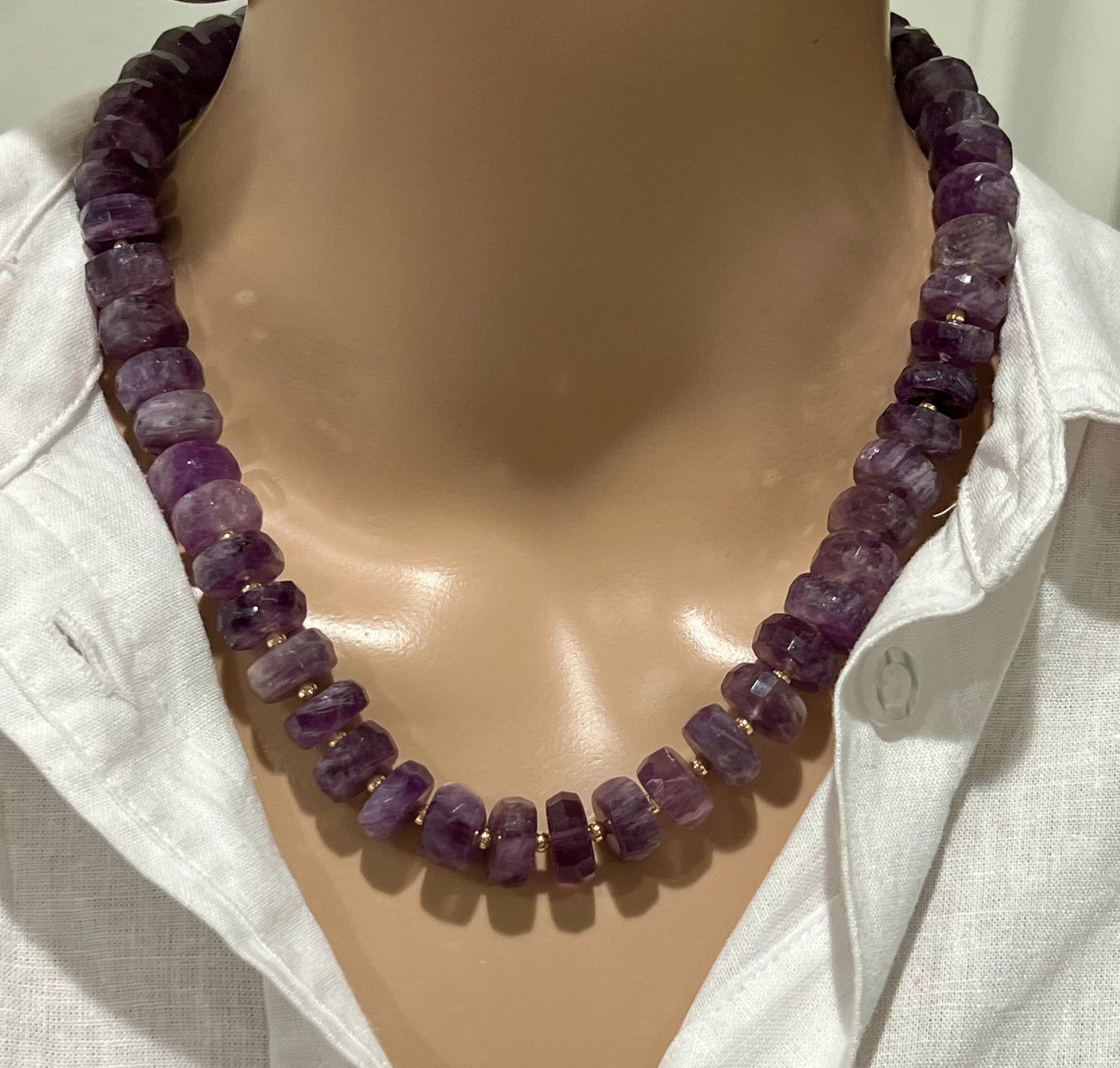 Amethyst Beaded Statement Necklace Amethyst Faceted Wheel Rondelle Beads Size 6x12-6x15mm Sparkling Amethyst 18k Gold Filled Large Clasp