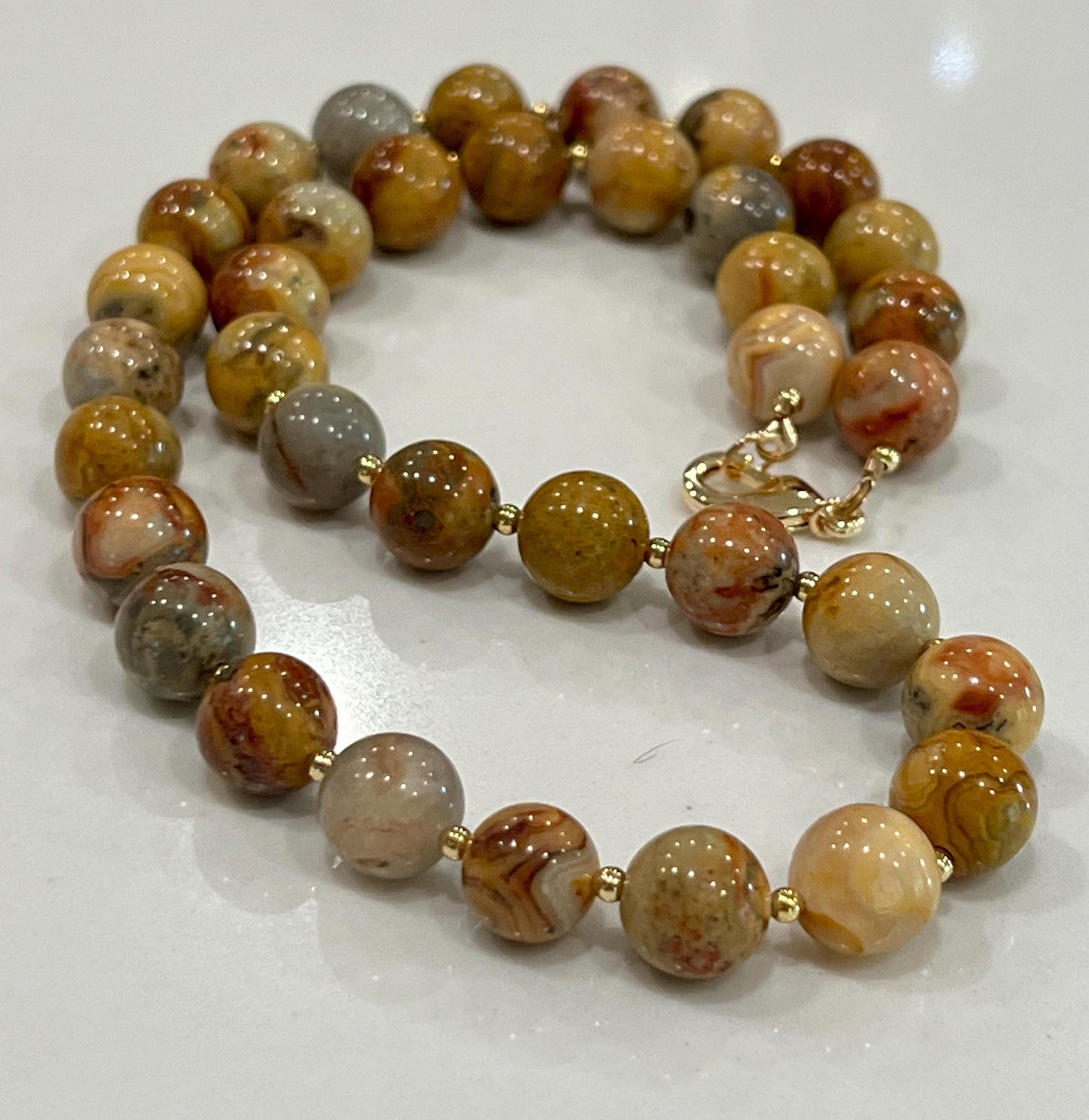 Crazy Lace Agate Beaded Necklace 18k Gold Filled Clasp/Beads Yellow Gold Beaded Agate Necklace Gorgeous Vibrant Necklace 10mm Smooth Stones